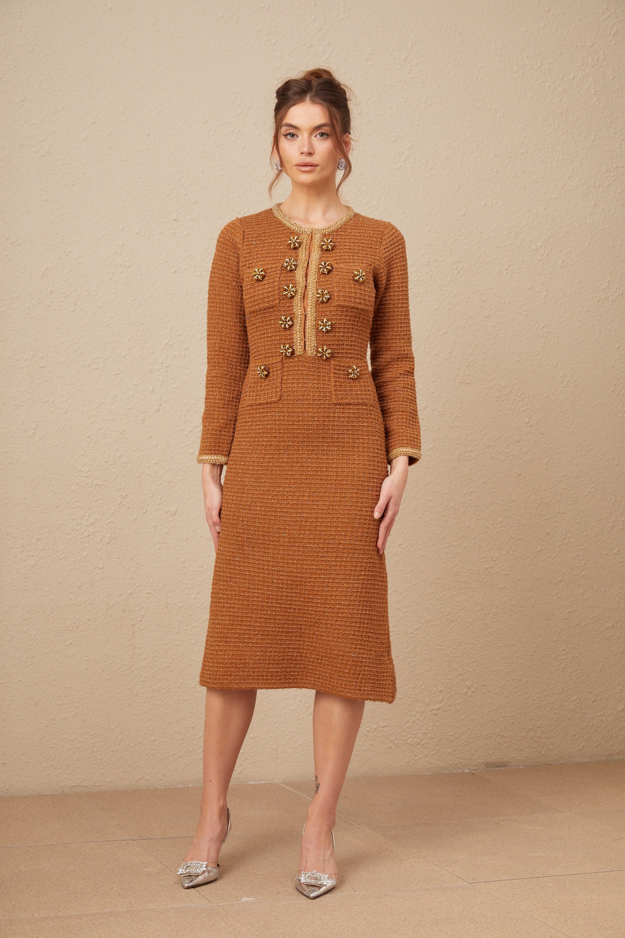 Epona brown braided-edge tweed dress