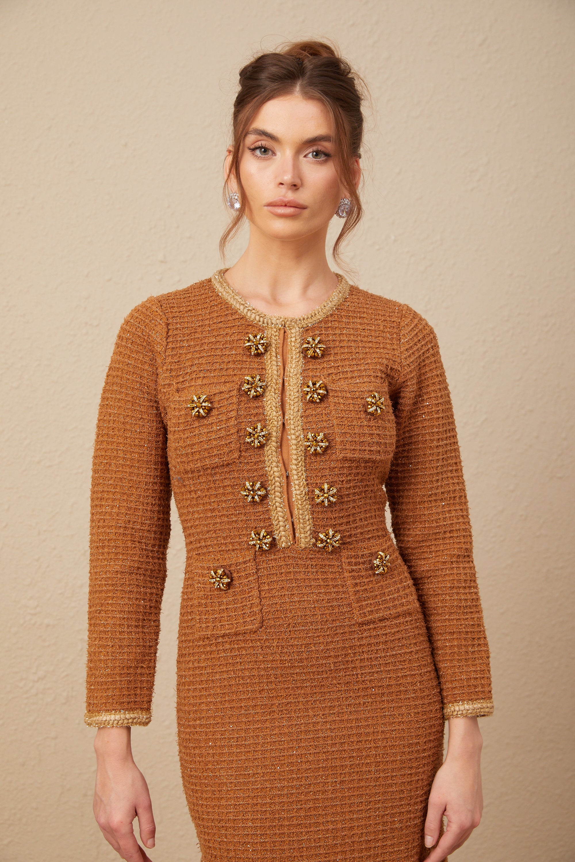 Epona brown braided-edge tweed dress
