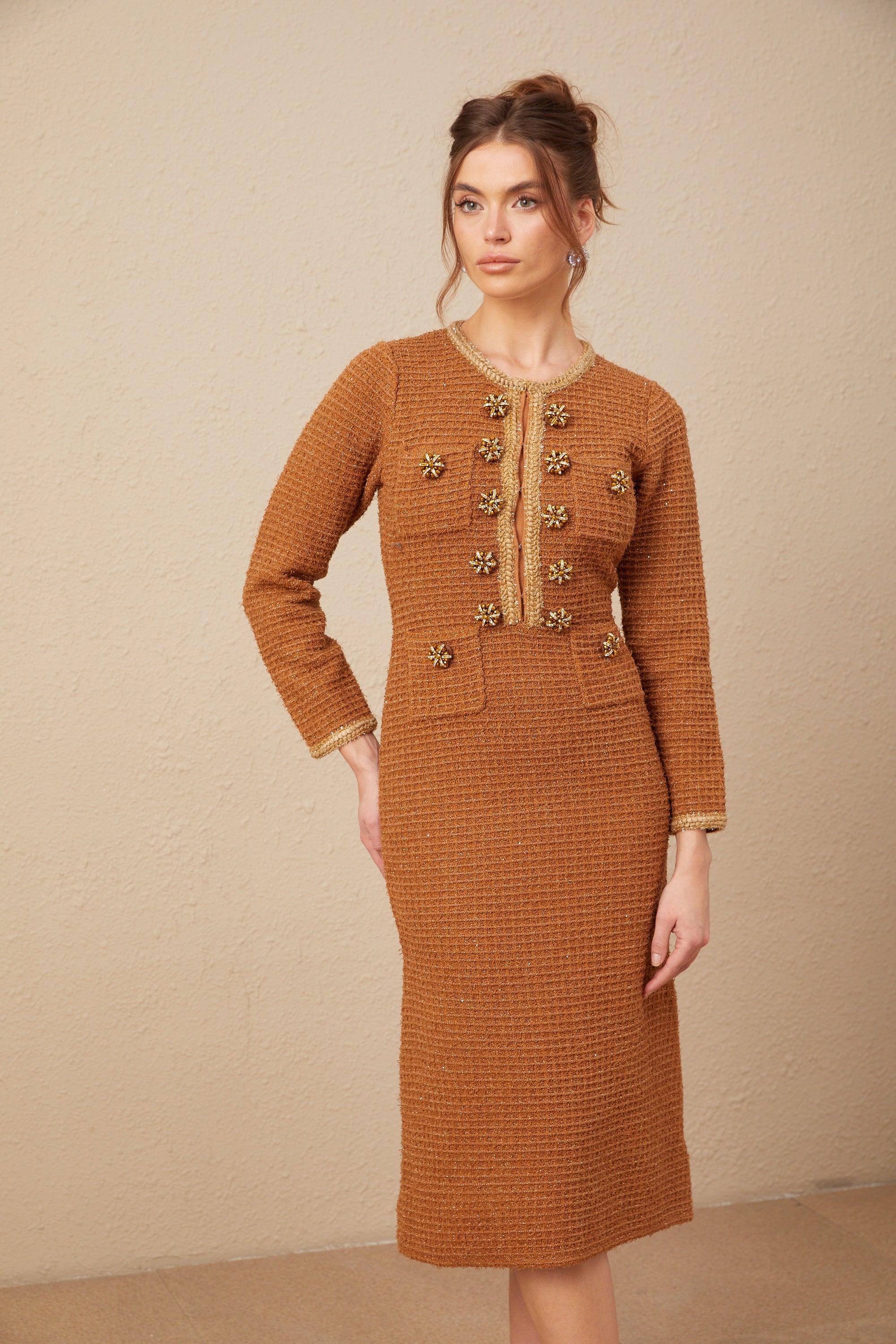 Epona brown braided-edge tweed dress