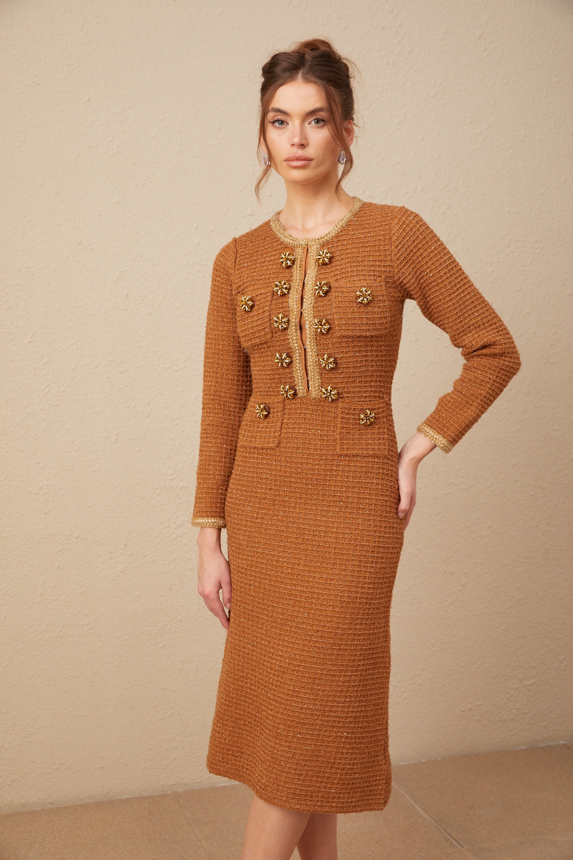 Epona brown braided-edge tweed dress