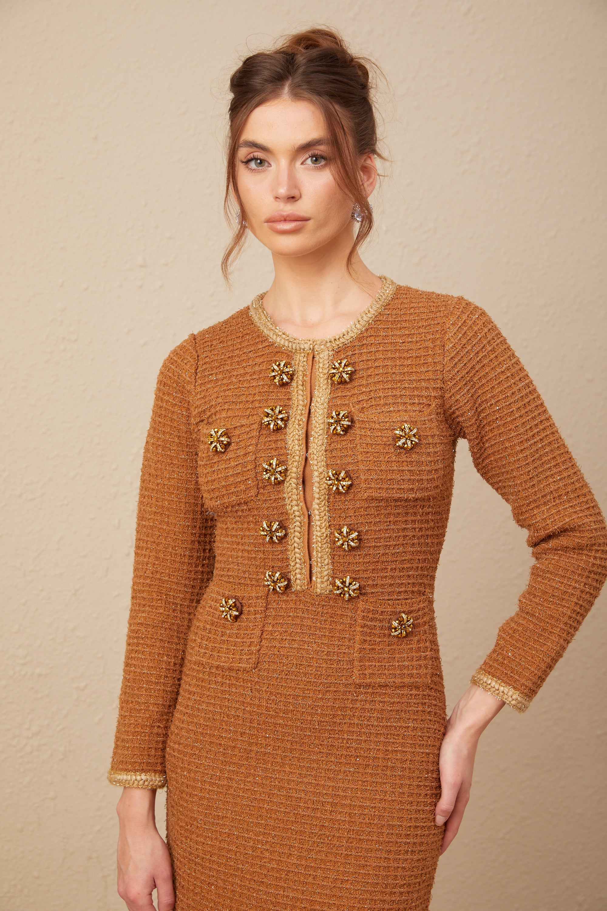 Epona brown braided-edge tweed dress