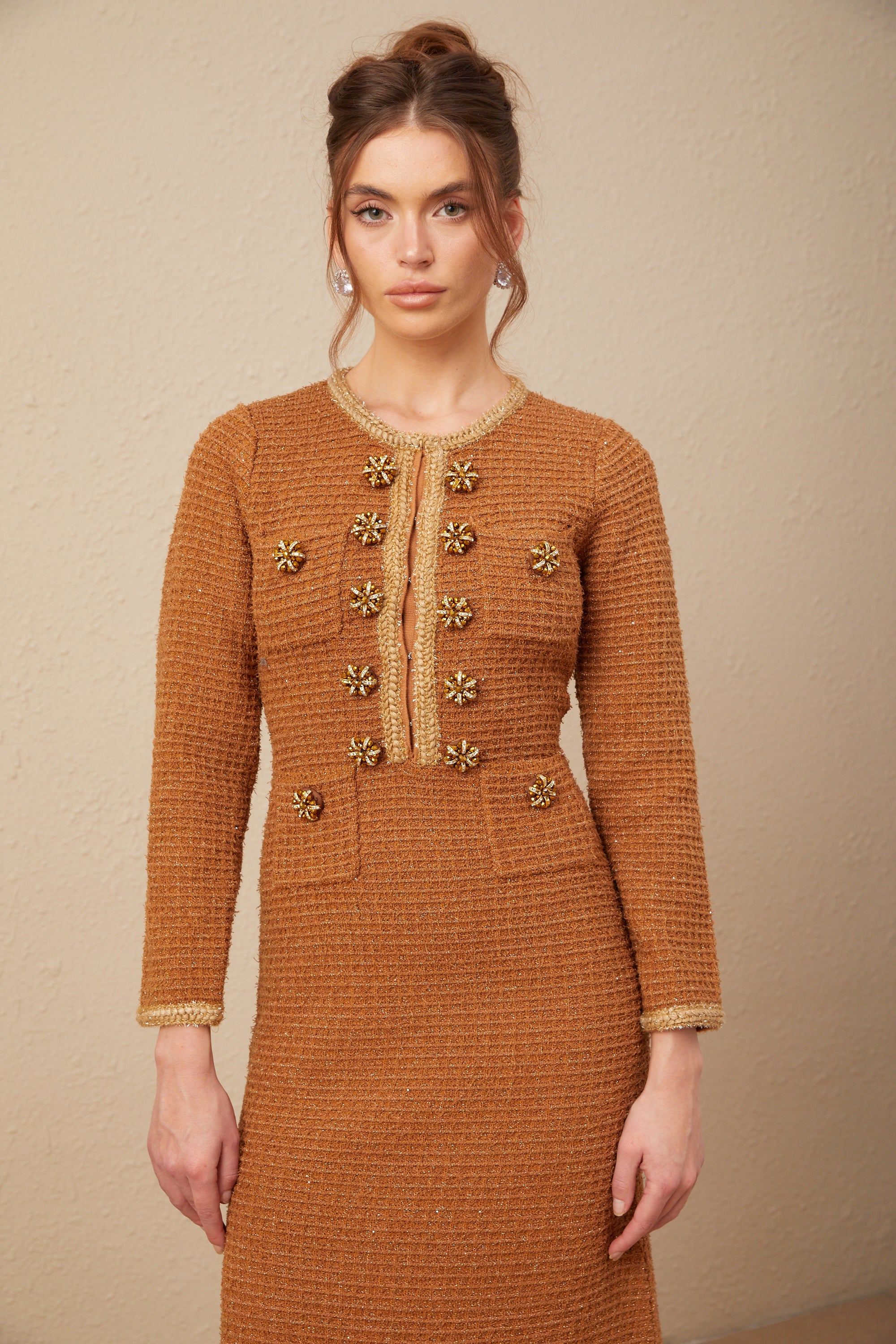 Epona brown braided-edge tweed dress