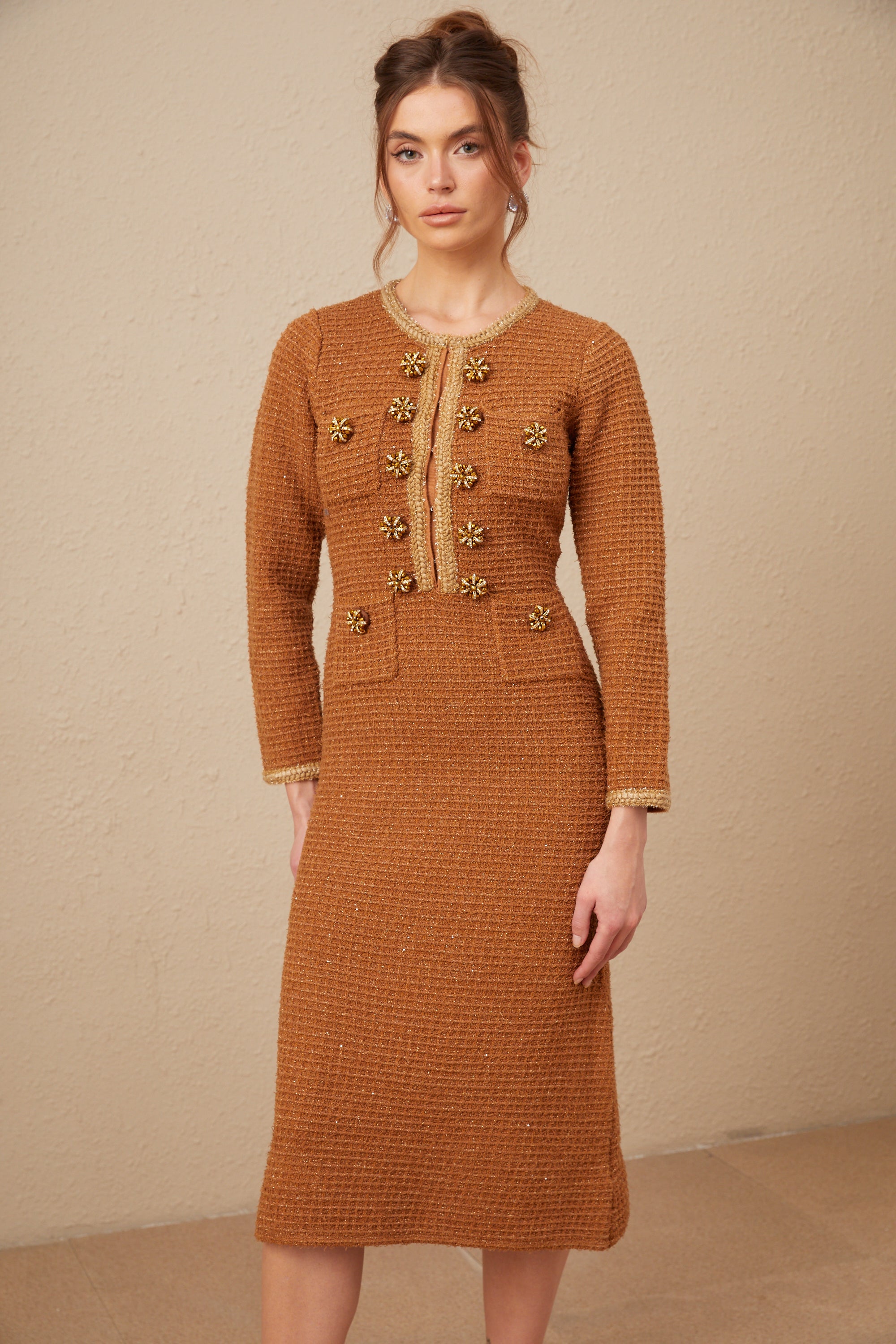 Epona brown braided-edge tweed dress