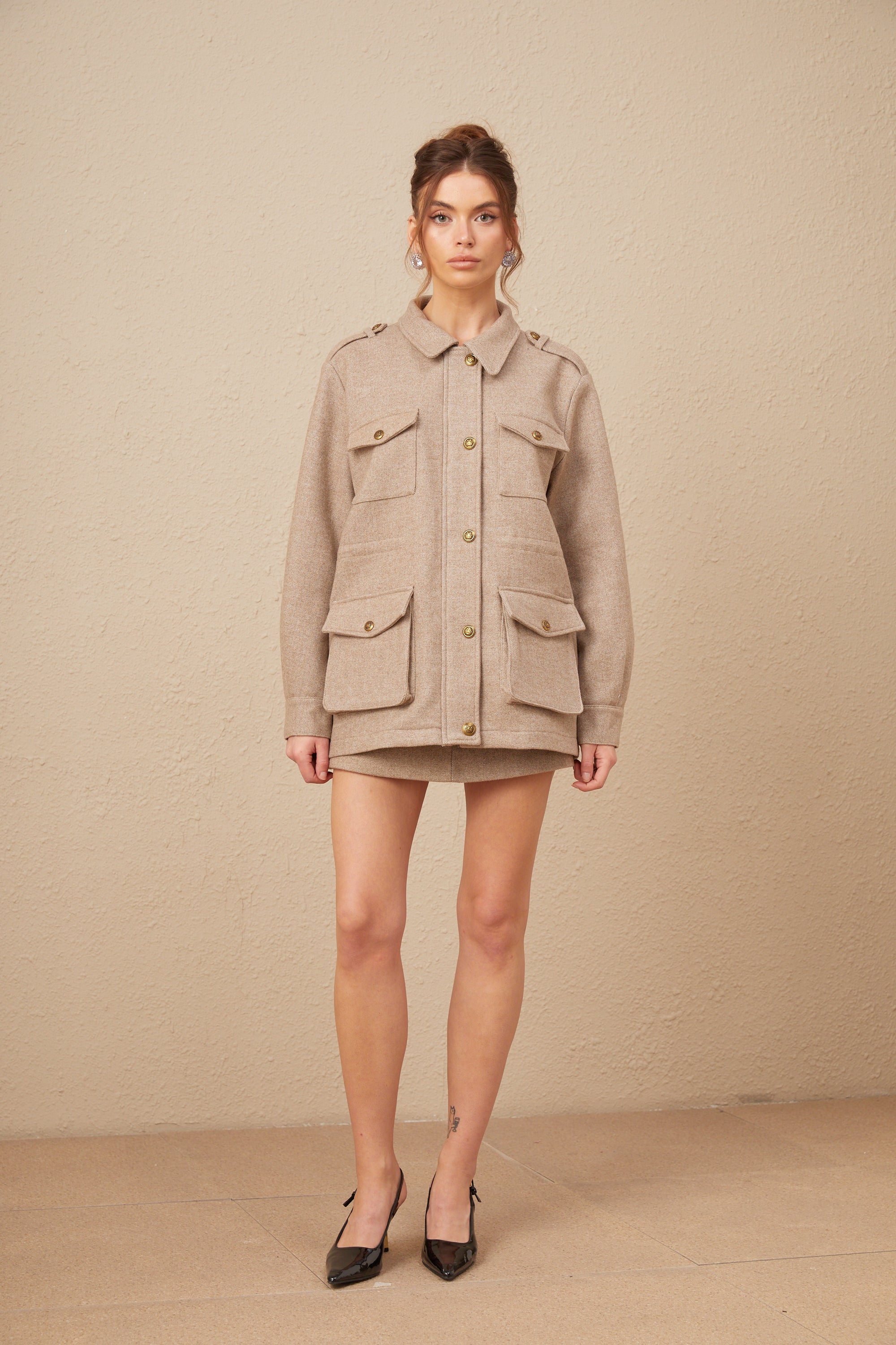 Clarisse khaki wool twill jacket & culottes matching set