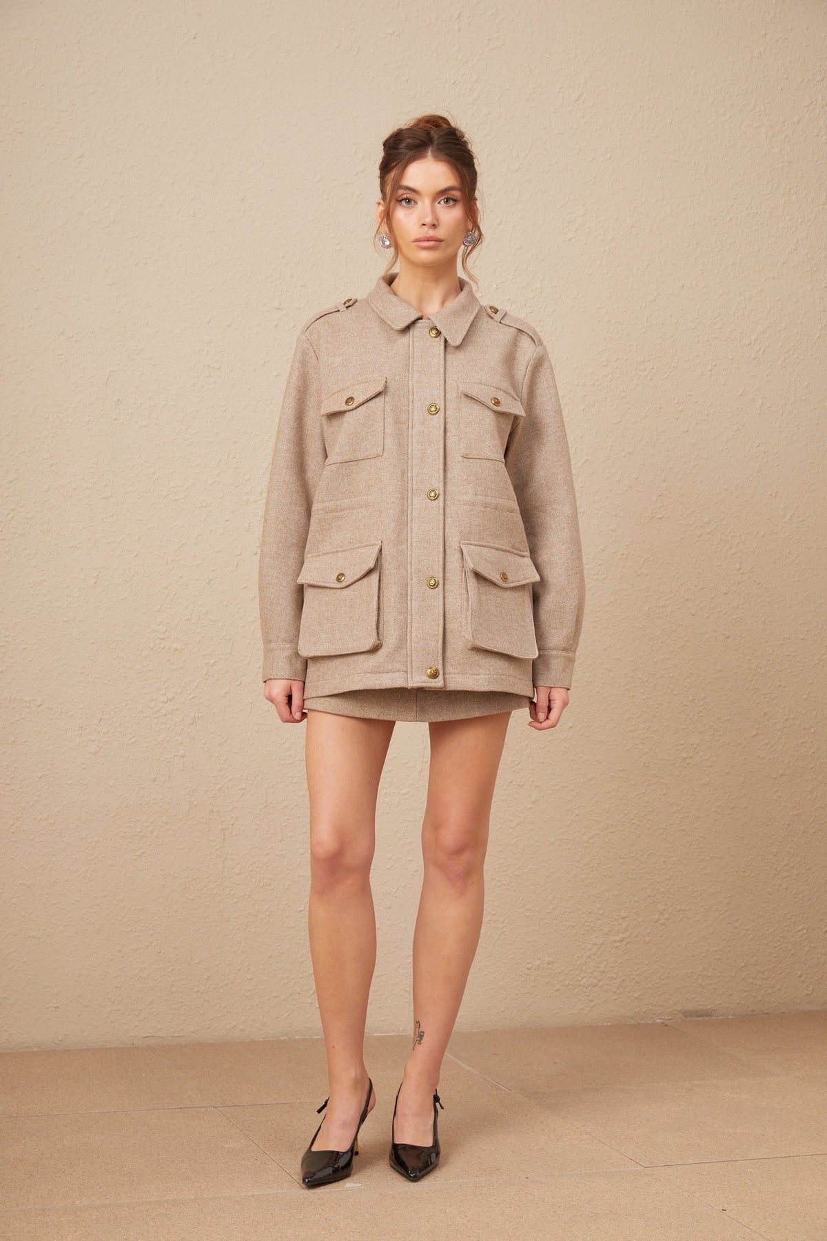 Clarisse khaki wool twill jacket & culottes matching set
