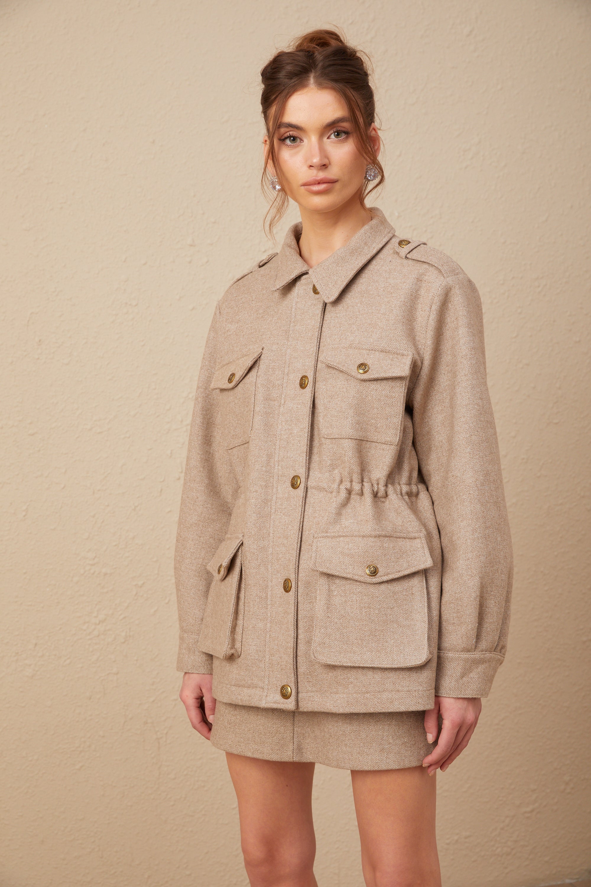 Clarisse khaki wool twill jacket & culottes matching set