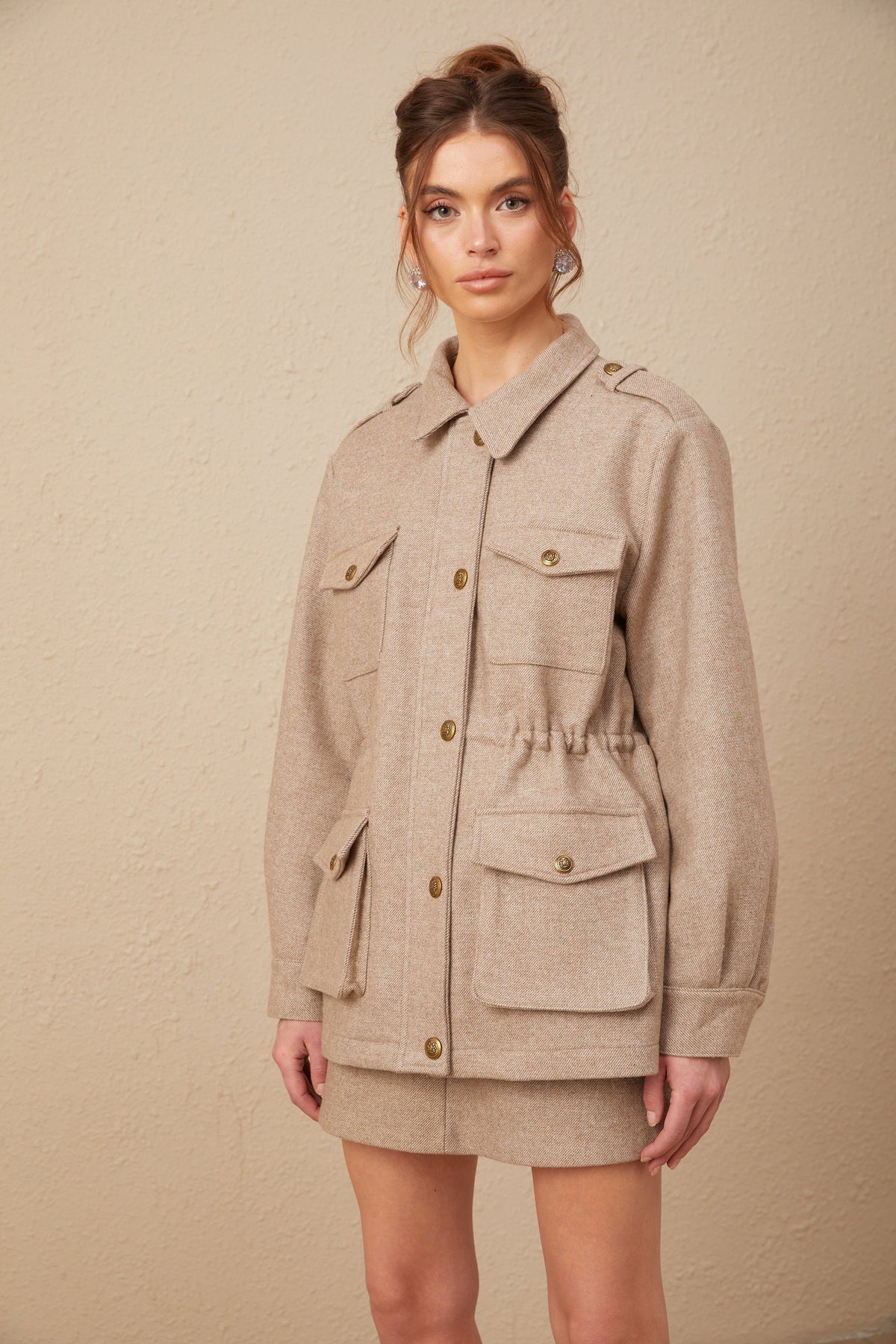 Clarisse khaki wool twill jacket & culottes matching set