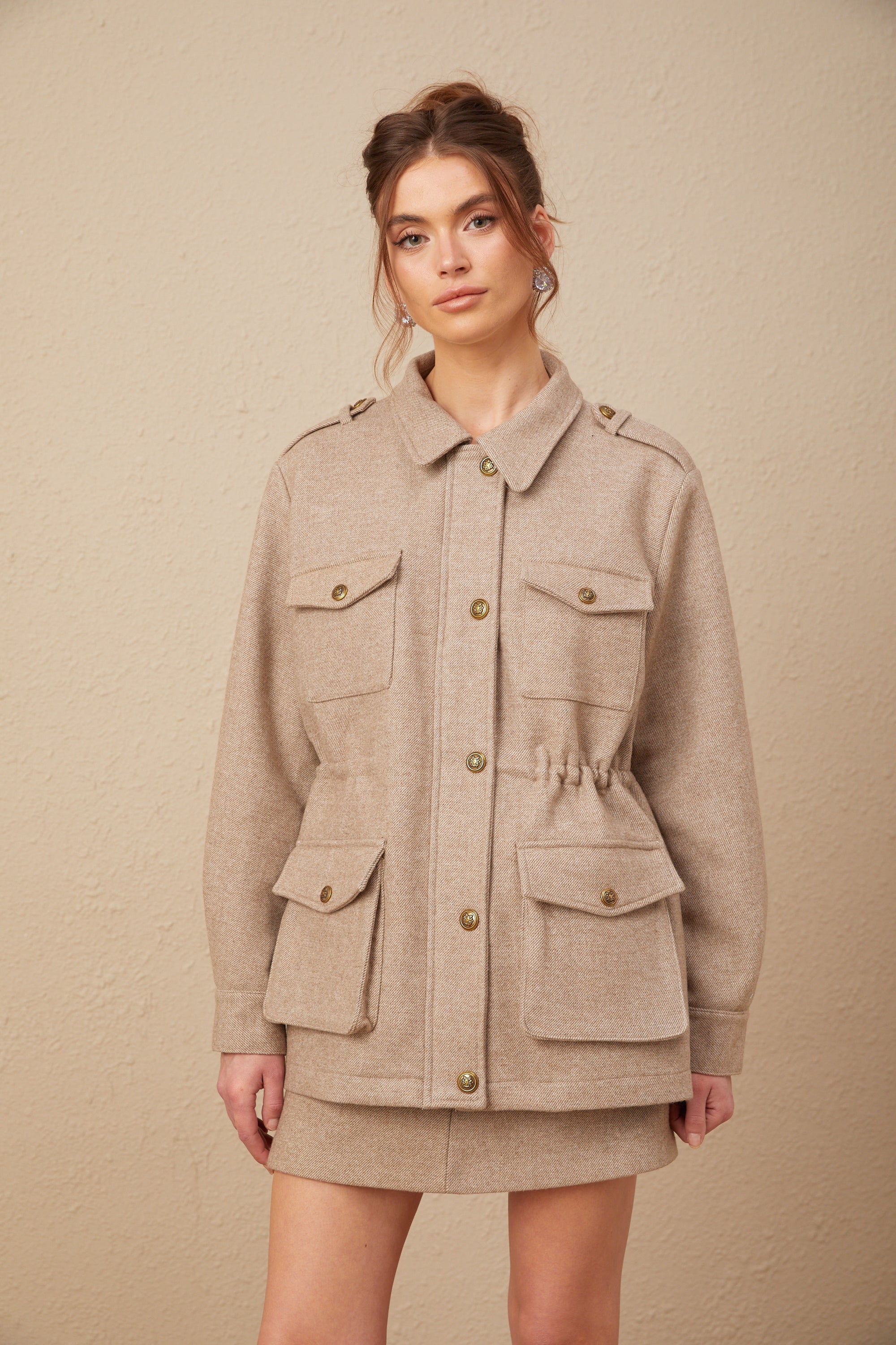 Clarisse khaki wool twill jacket & culottes matching set