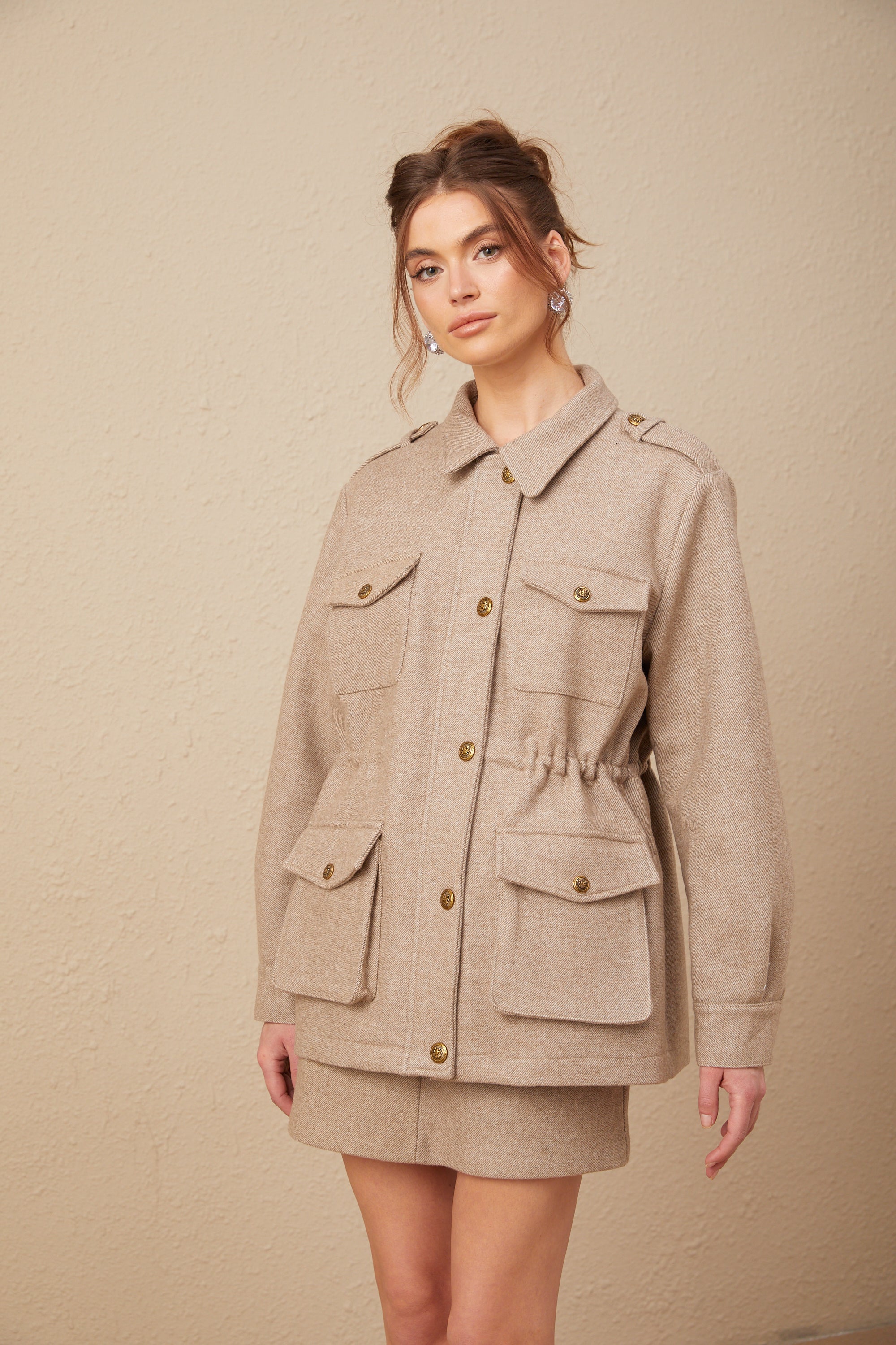 Clarisse khaki wool twill jacket & culottes matching set