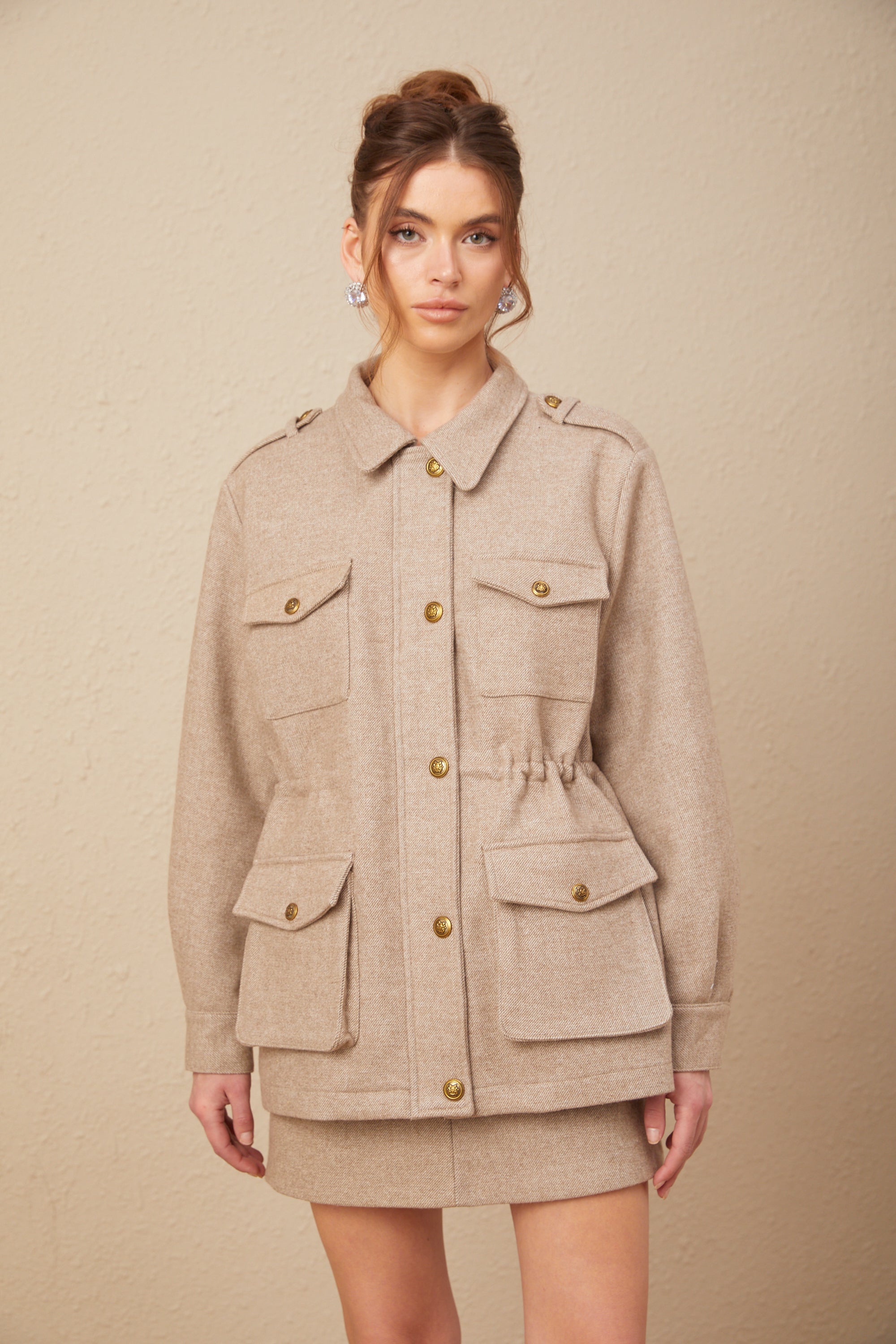 Clarisse khaki wool twill jacket & culottes matching set