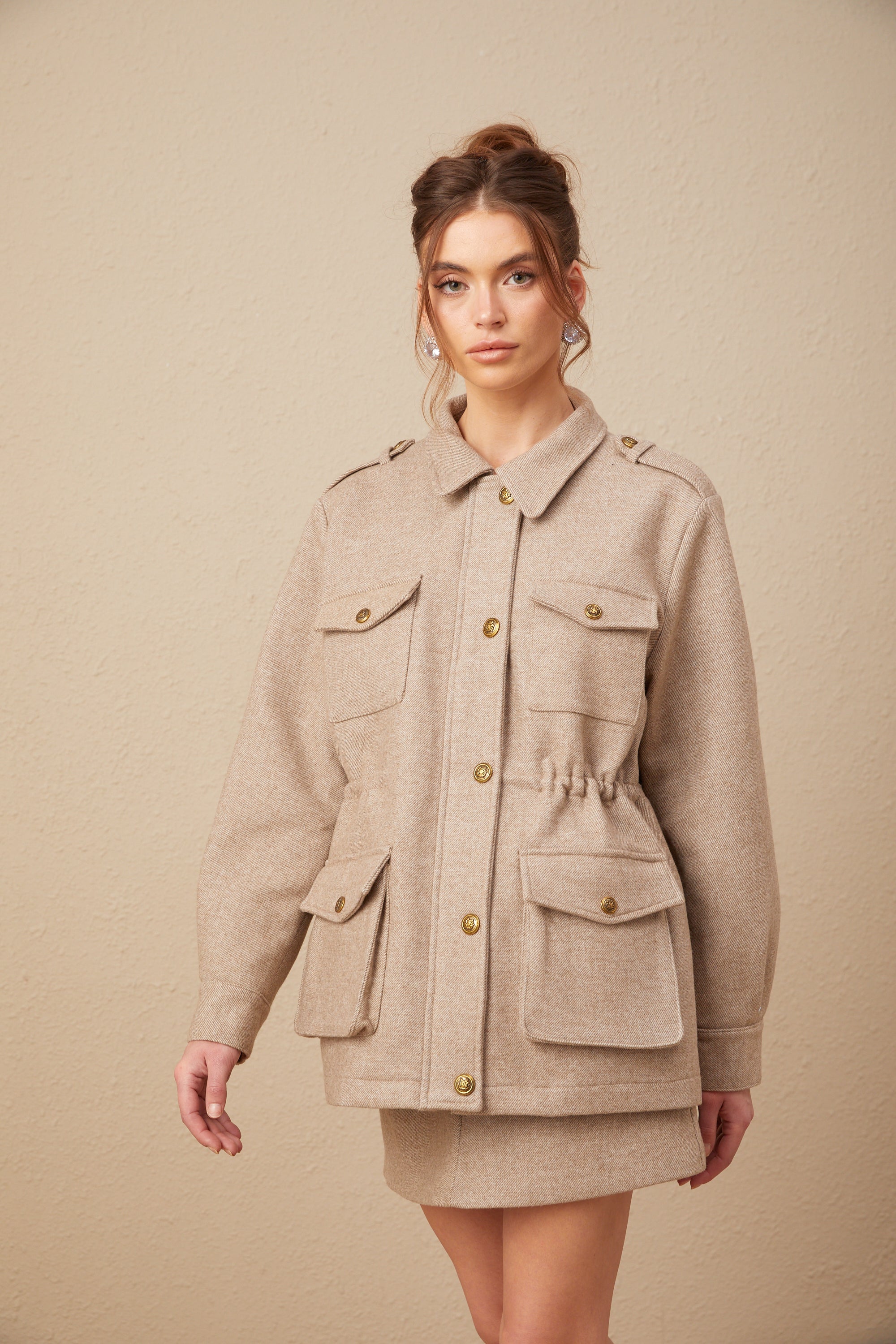 Clarisse khaki wool twill jacket & culottes matching set