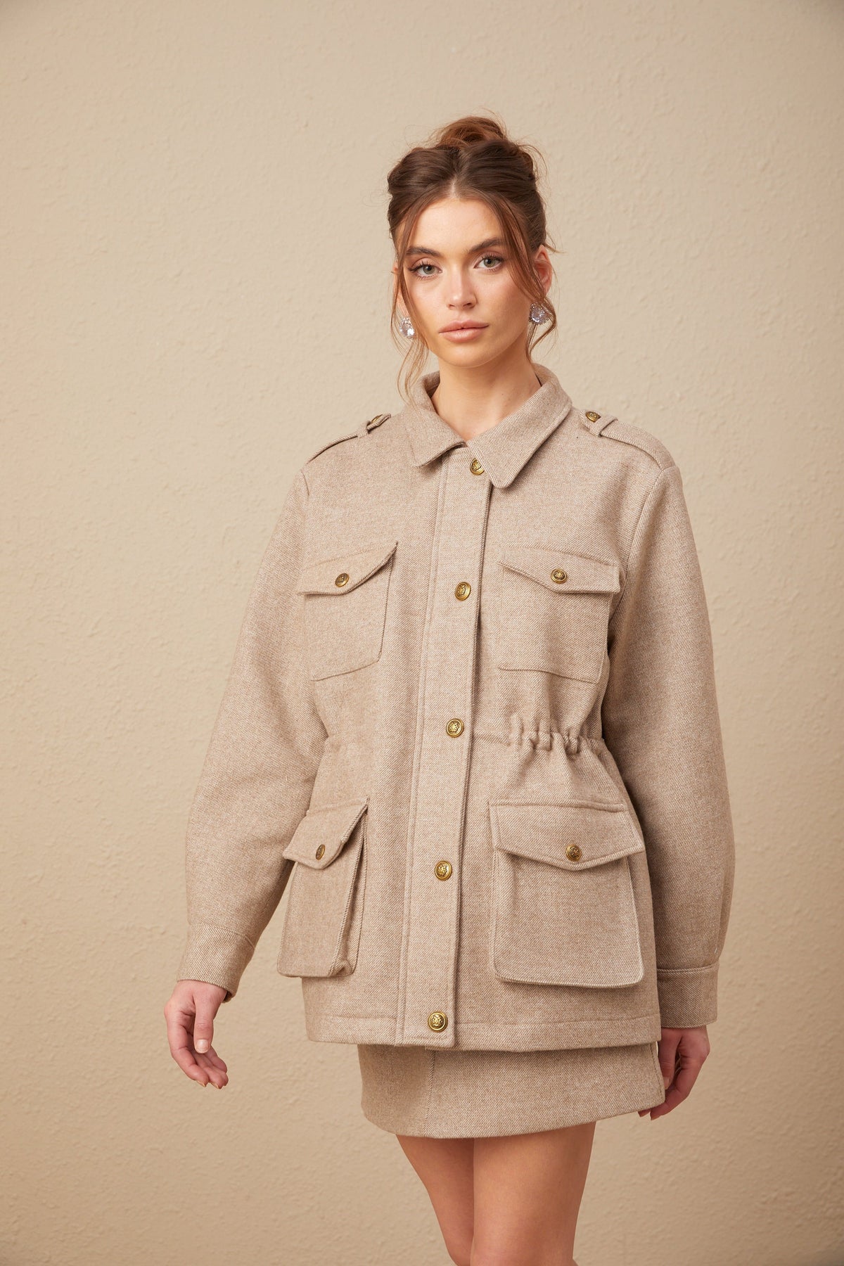 Clarisse khaki wool twill jacket & culottes matching set