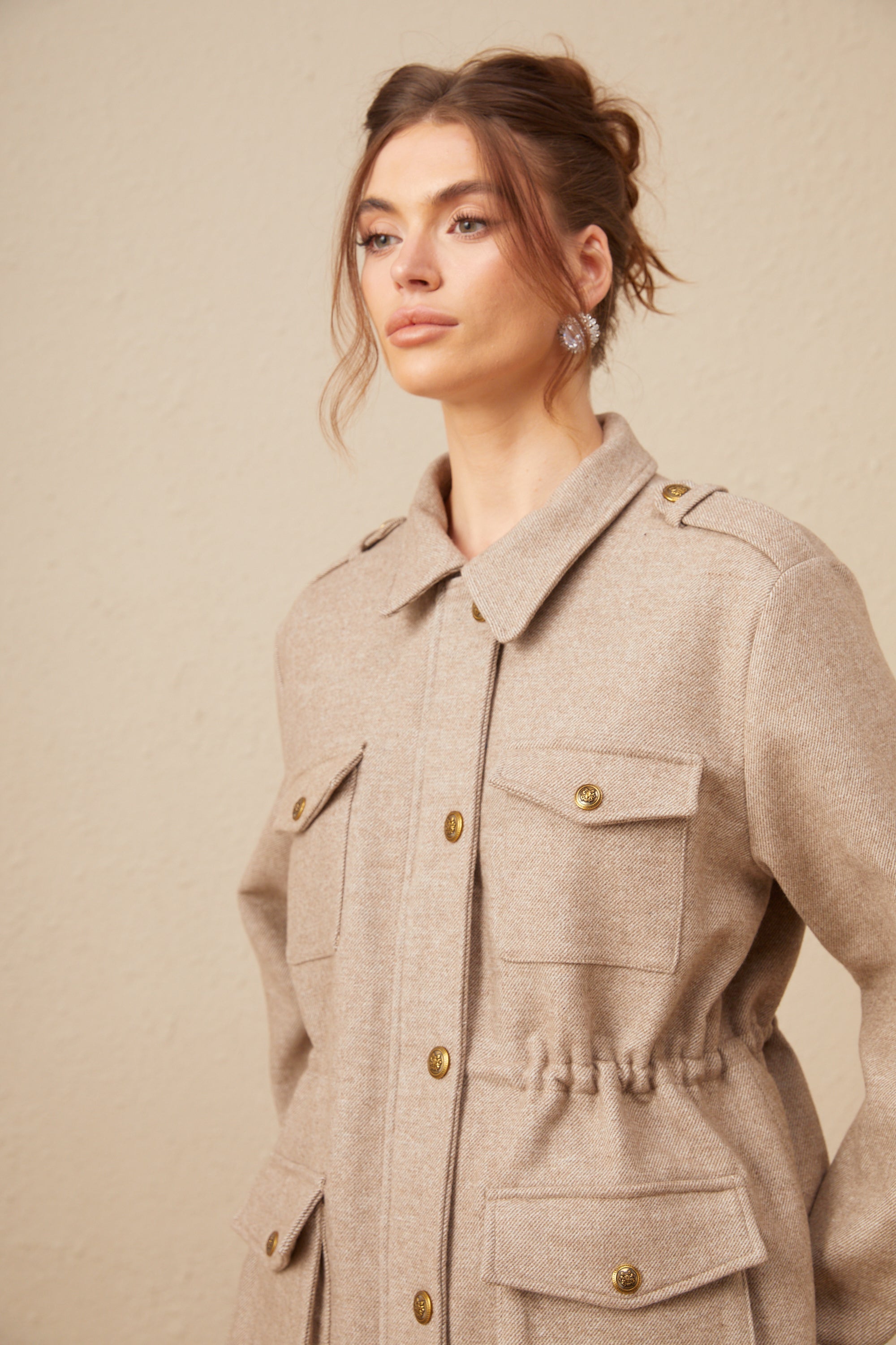 Clarisse khaki wool twill jacket & culottes matching set