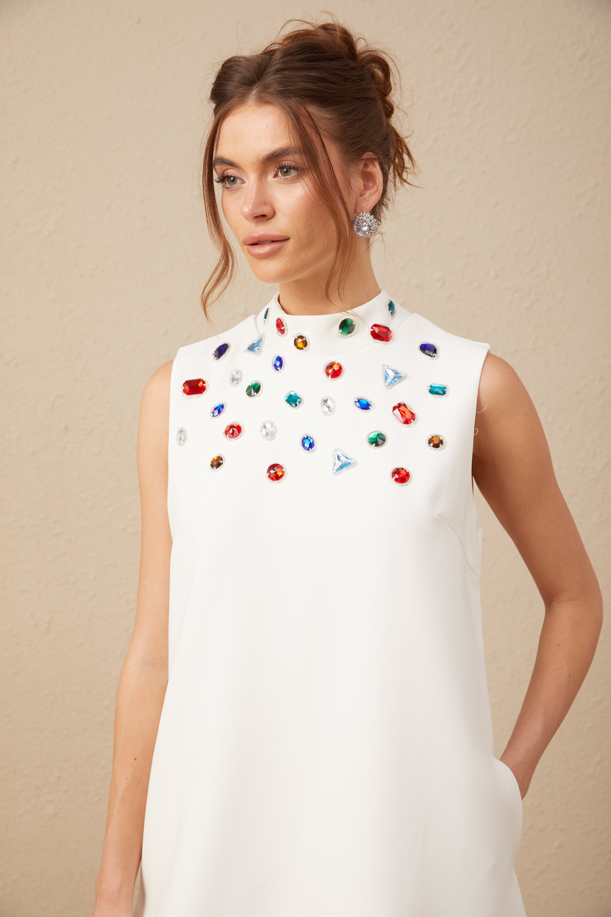 Élise white crystal oversized-bow sleeveless mini dress (US Only)
