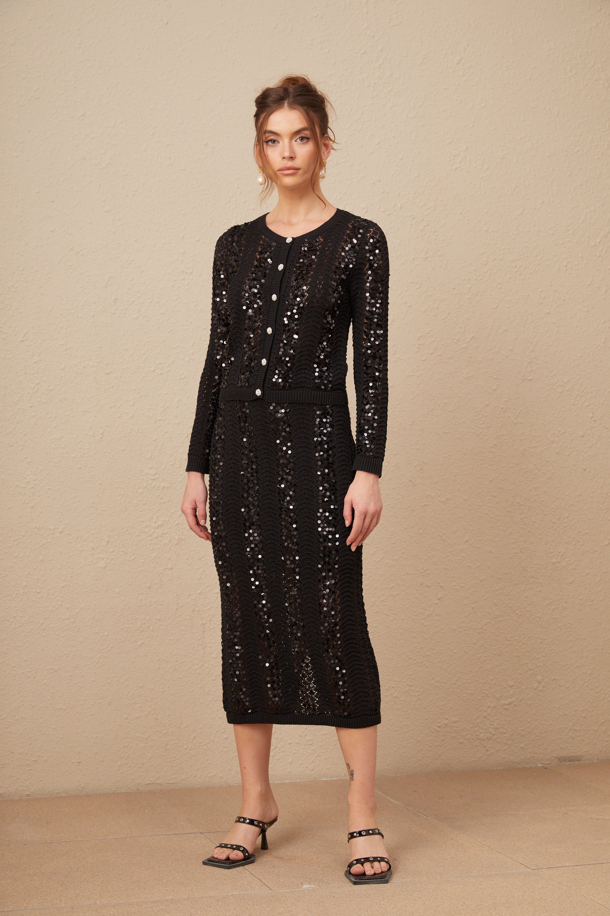 Ophelie black sequined crochet-knit cardigan & skirt matching set