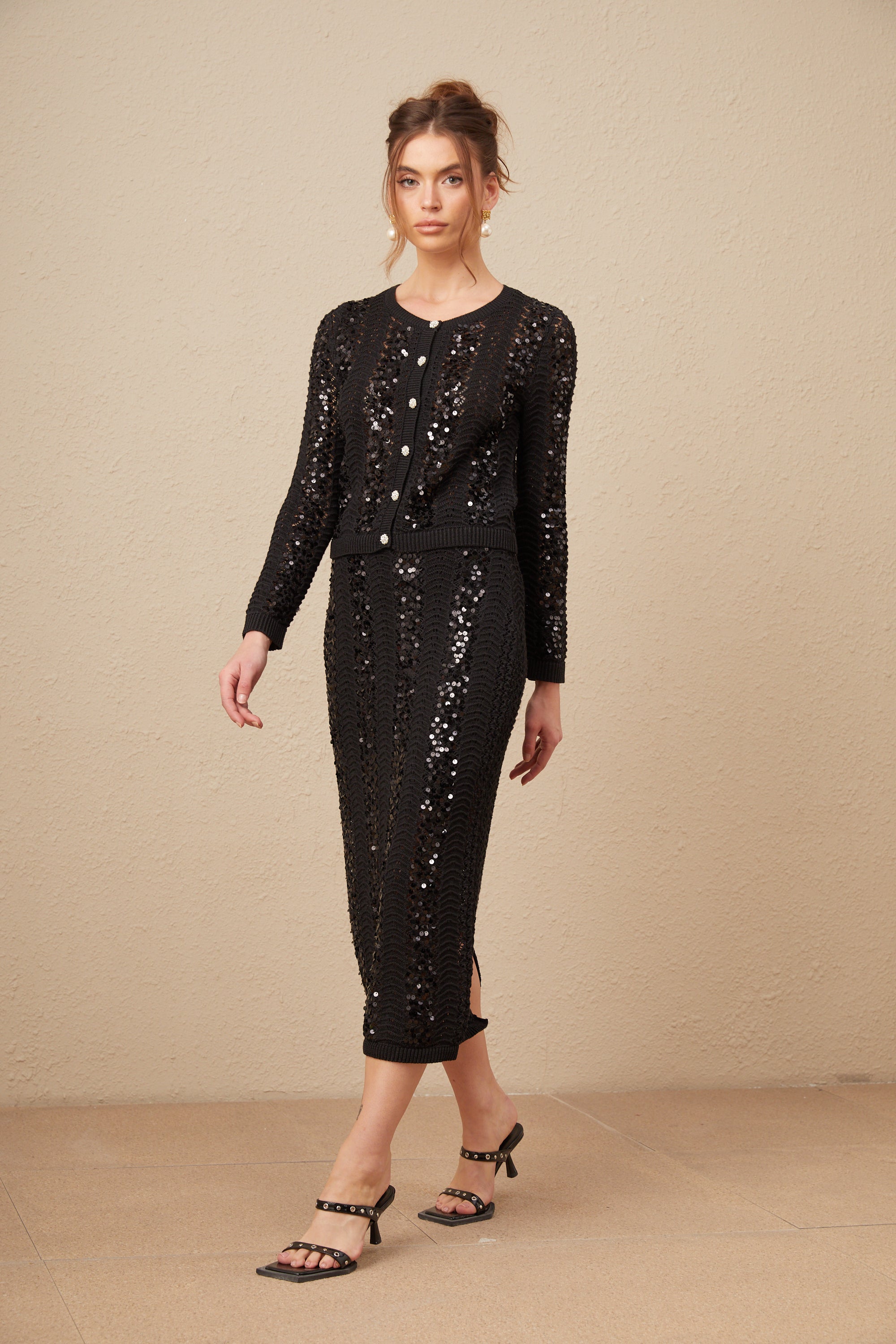 Ophelie black sequined crochet-knit cardigan & skirt matching set