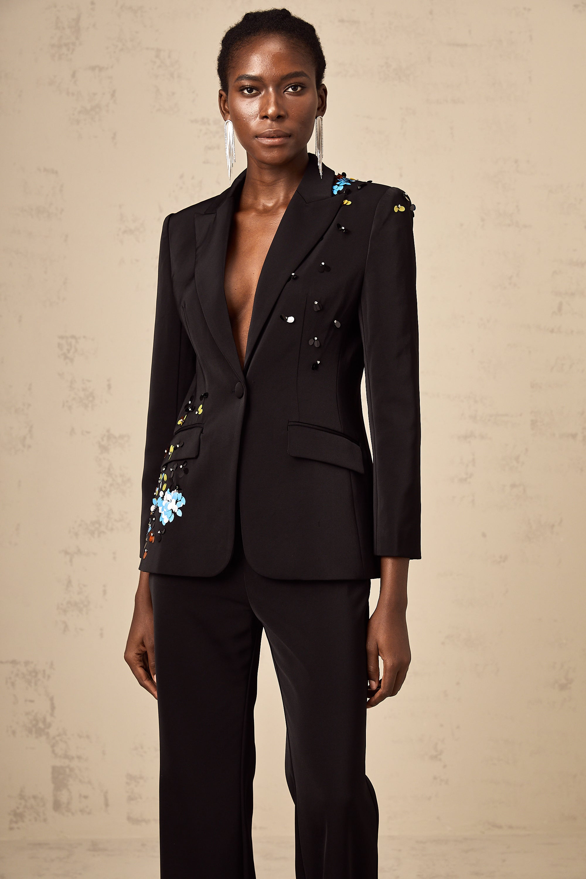 Simona black sequined blazer & trousers matching set