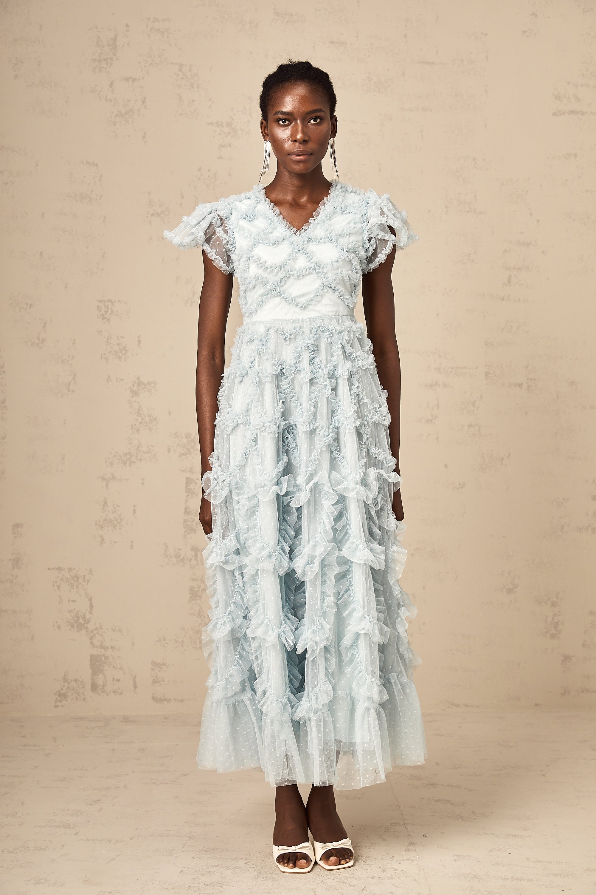 Corinna blue dot-detail ruffled midi dress (US Only)