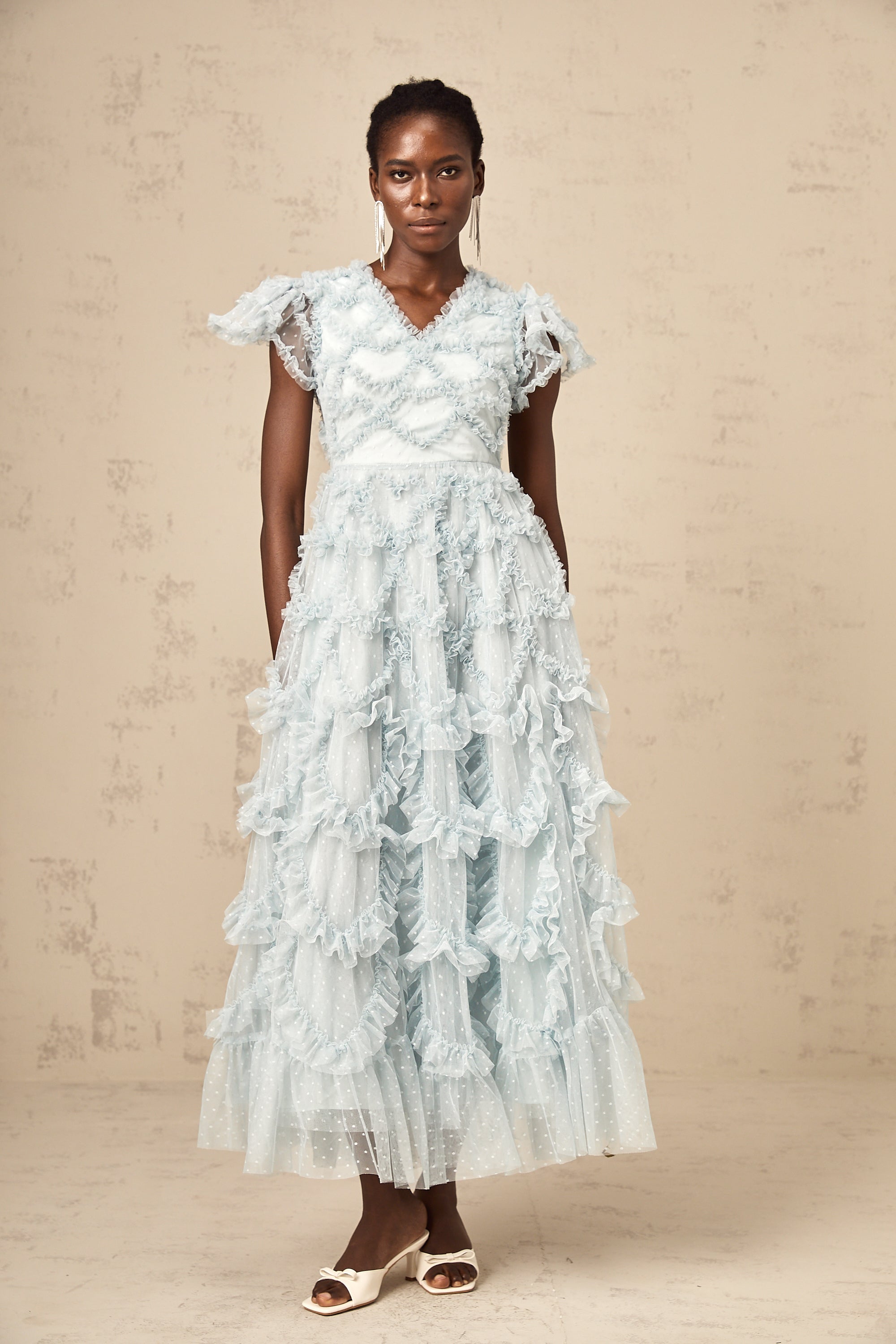 Corinna blue dot-detail ruffled midi dress (US Only)