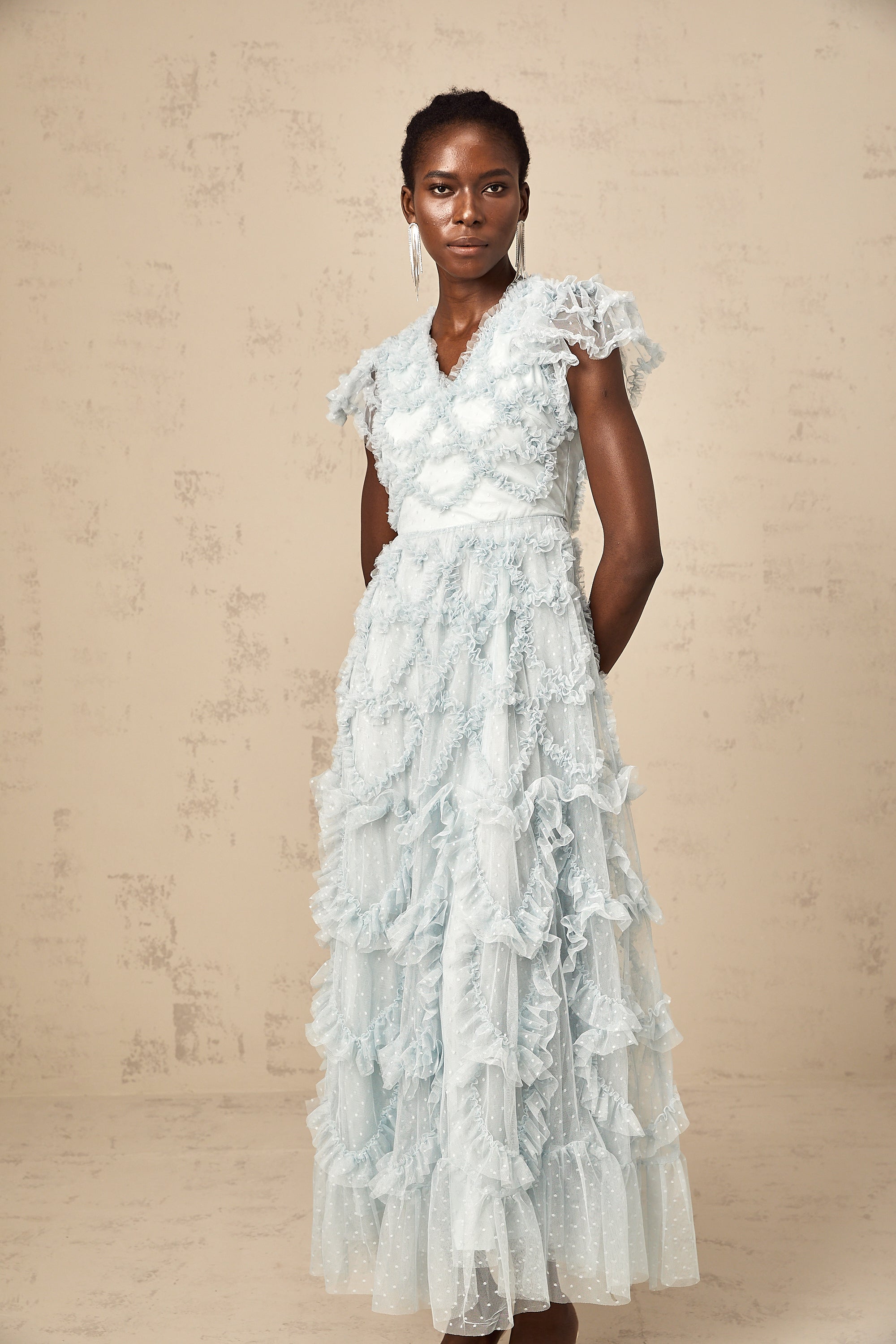 Corinna blue dot-detail ruffled midi dress (US Only)