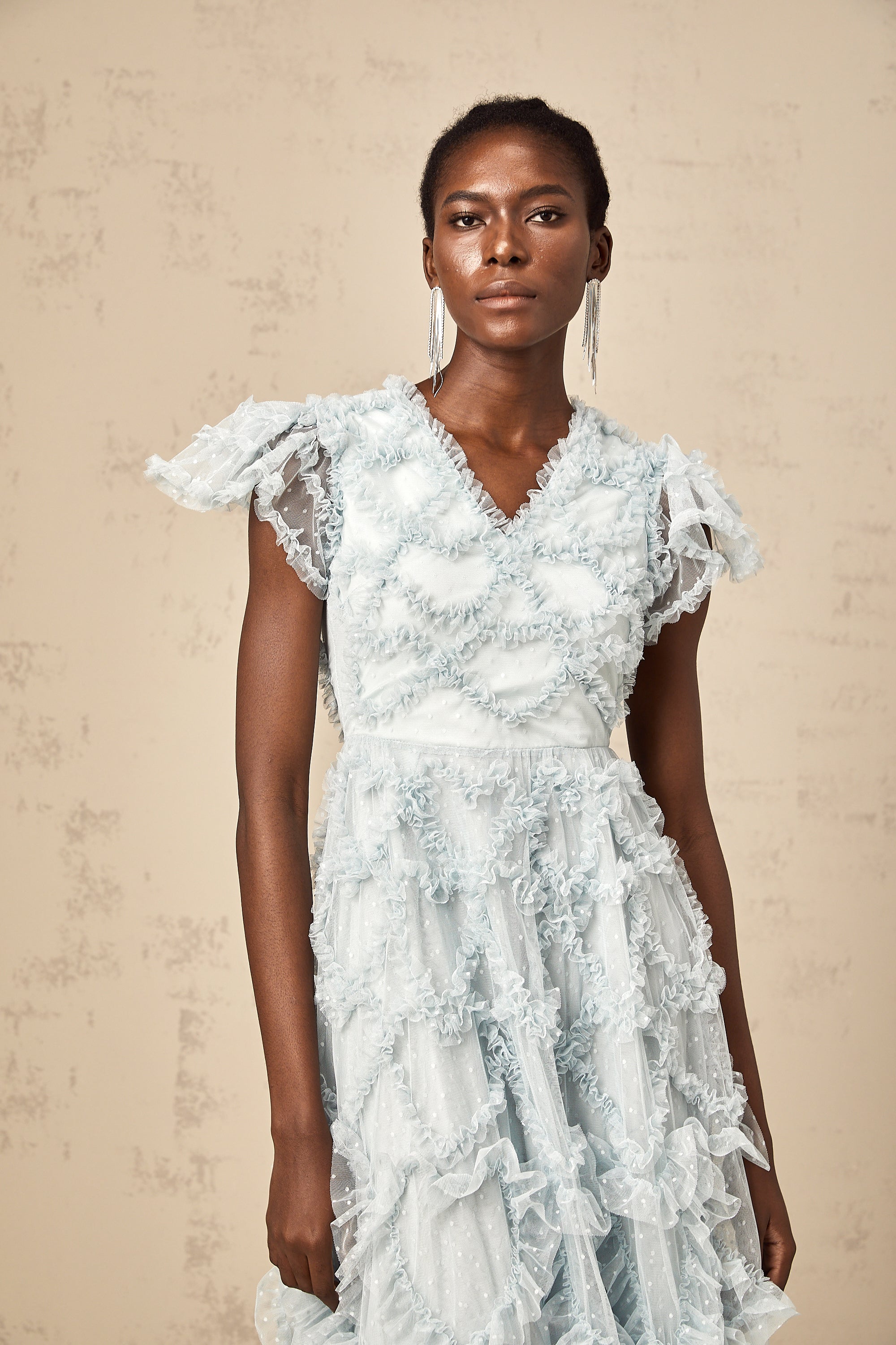 Corinna blue dot-detail ruffled midi dress (US Only)