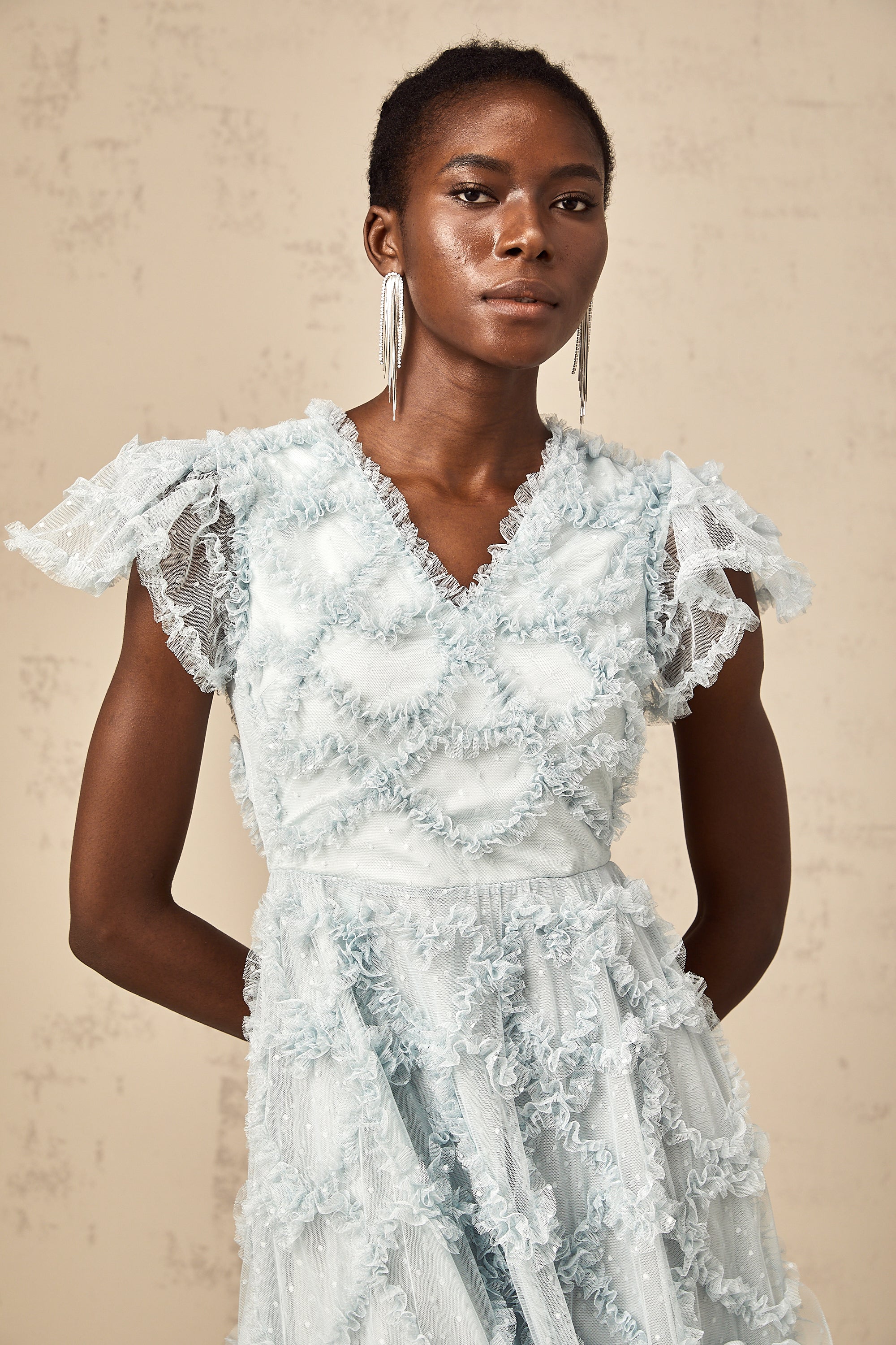 Corinna blue dot-detail ruffled midi dress (US Only)