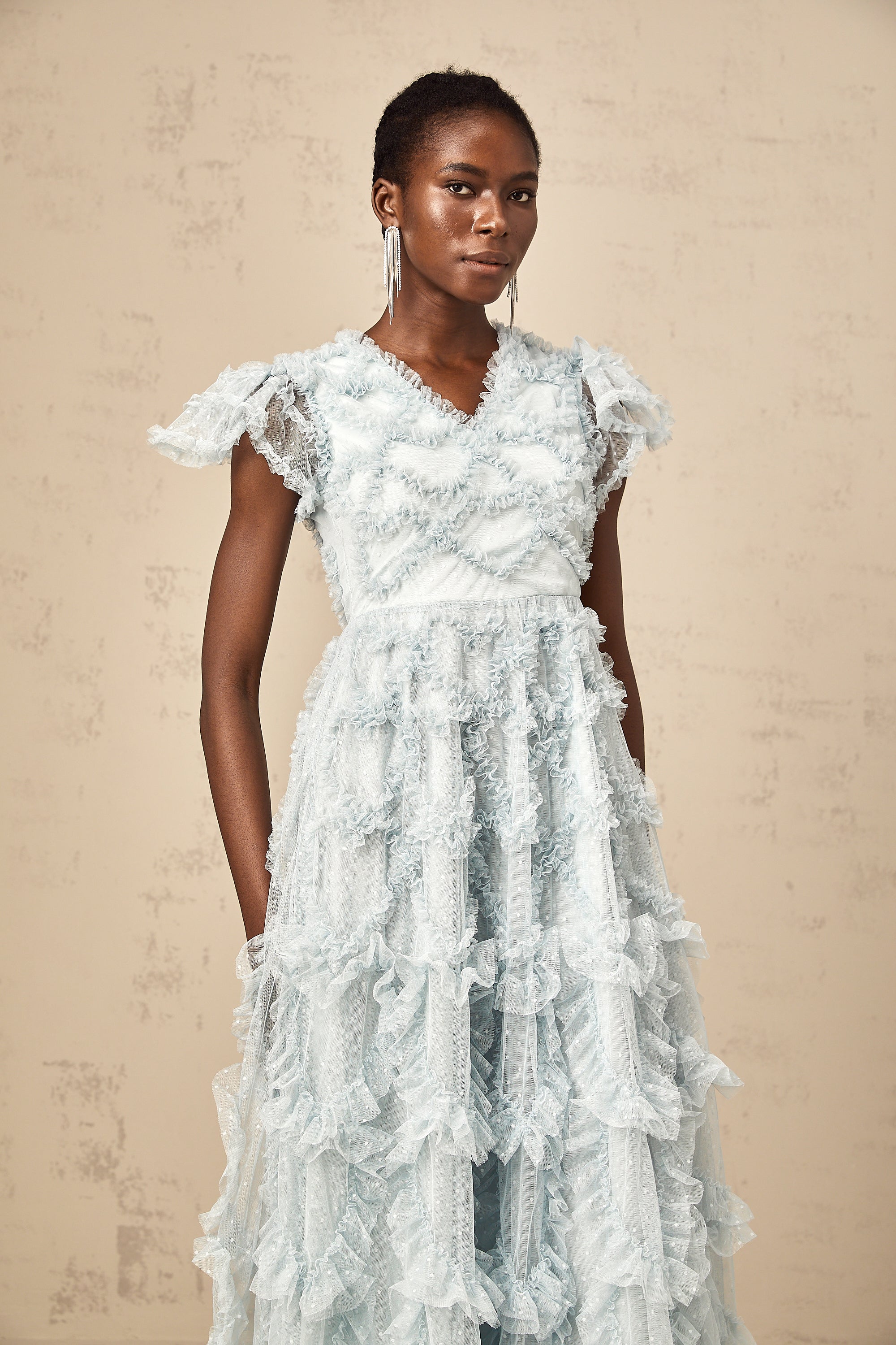 Corinna blue dot-detail ruffled midi dress (US Only)