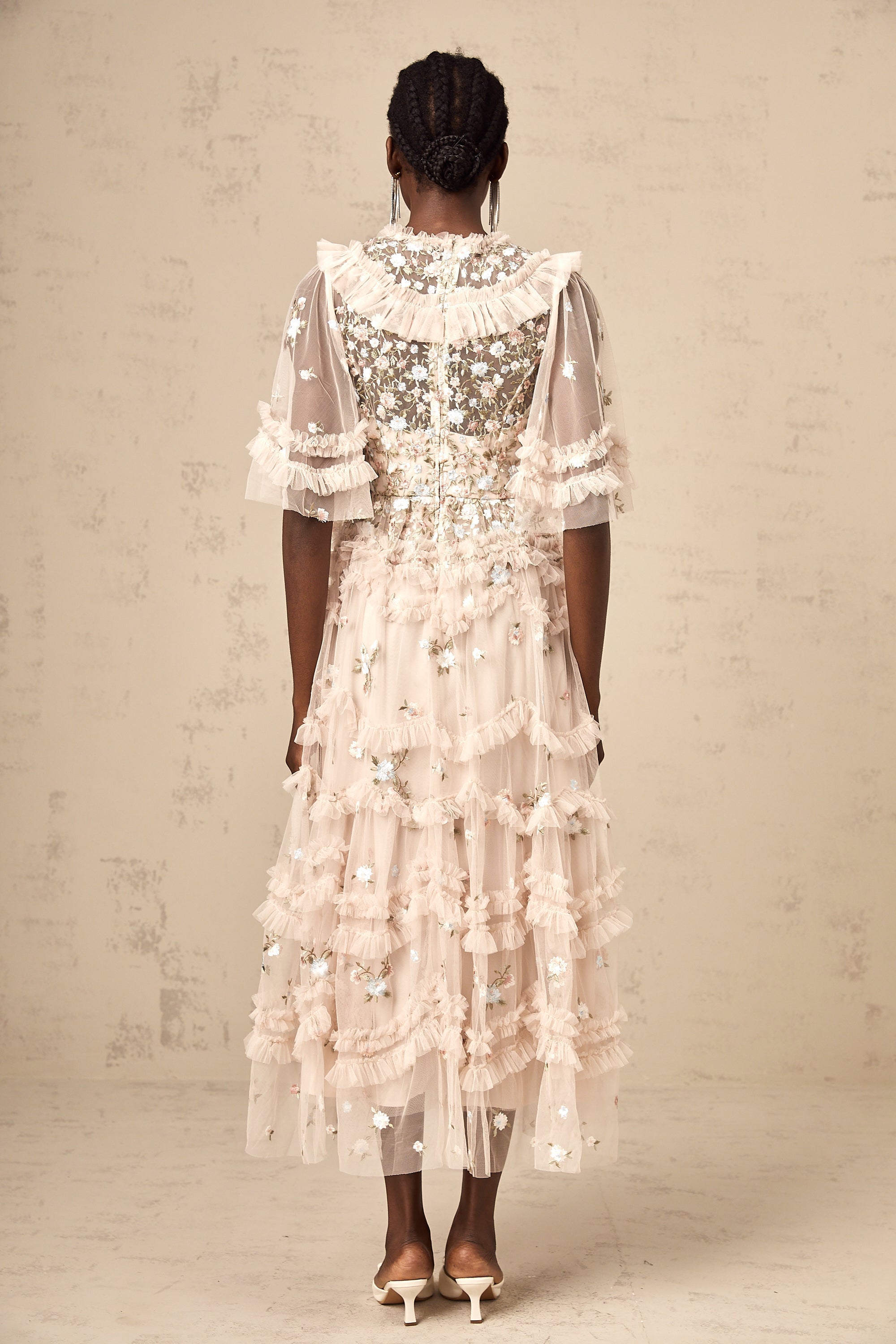 Kévina floral-embroidered tiered ruffled midi dress