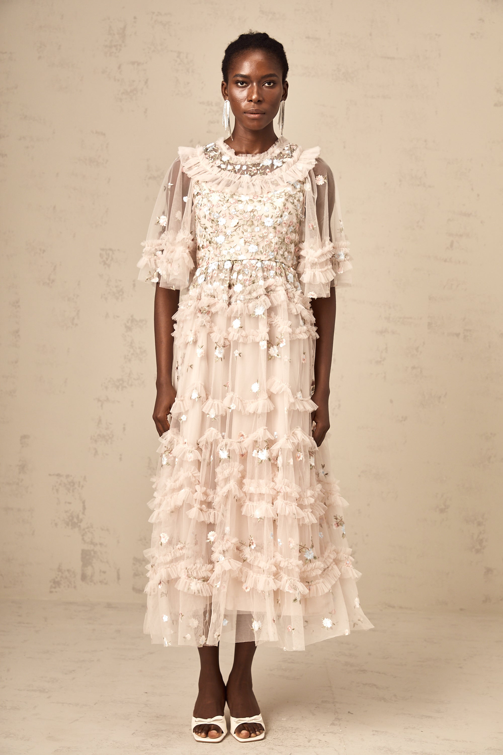 Kévina floral-embroidered tiered ruffled midi dress