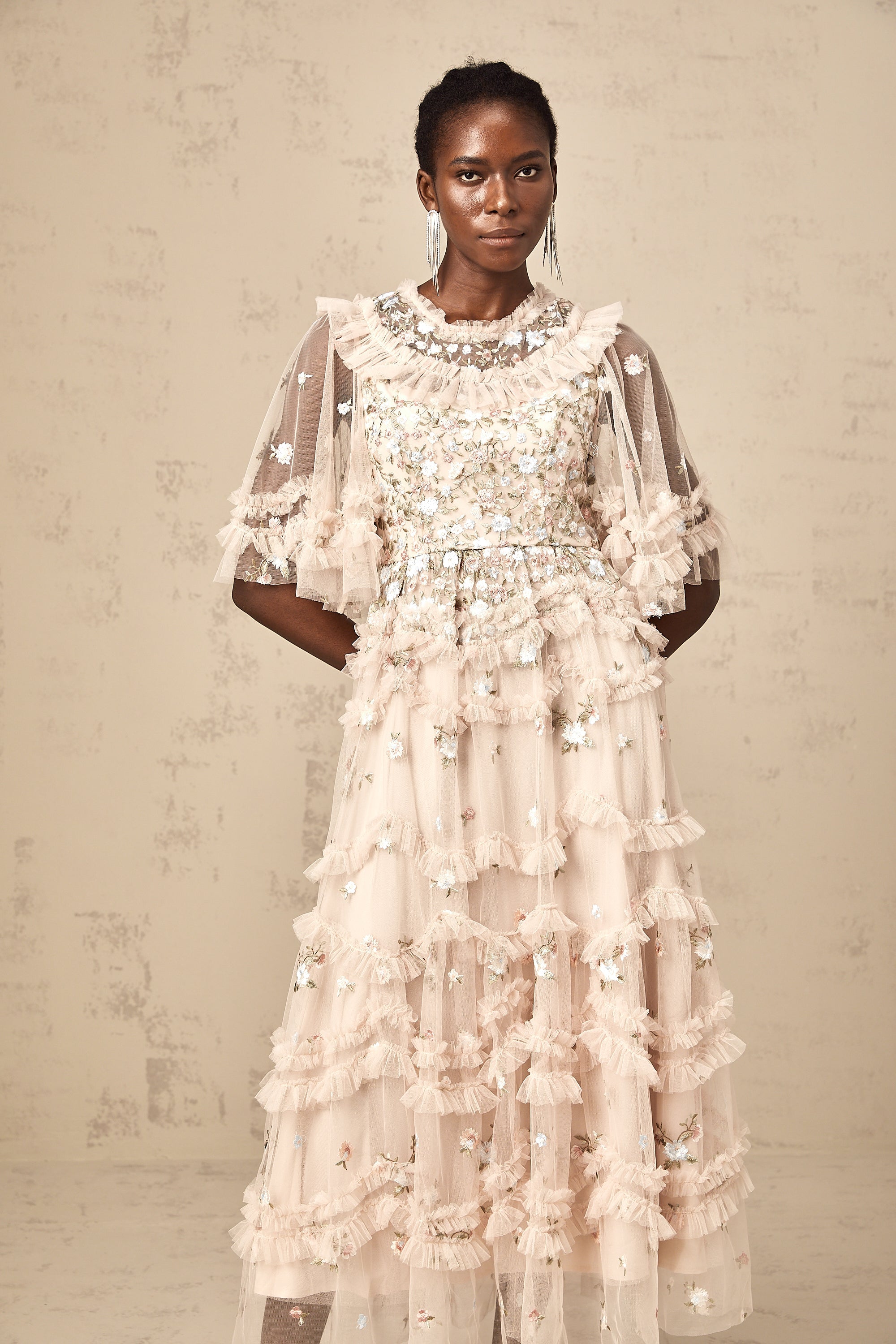 Kévina floral-embroidered tiered ruffled midi dress (Final Sale-US Only)