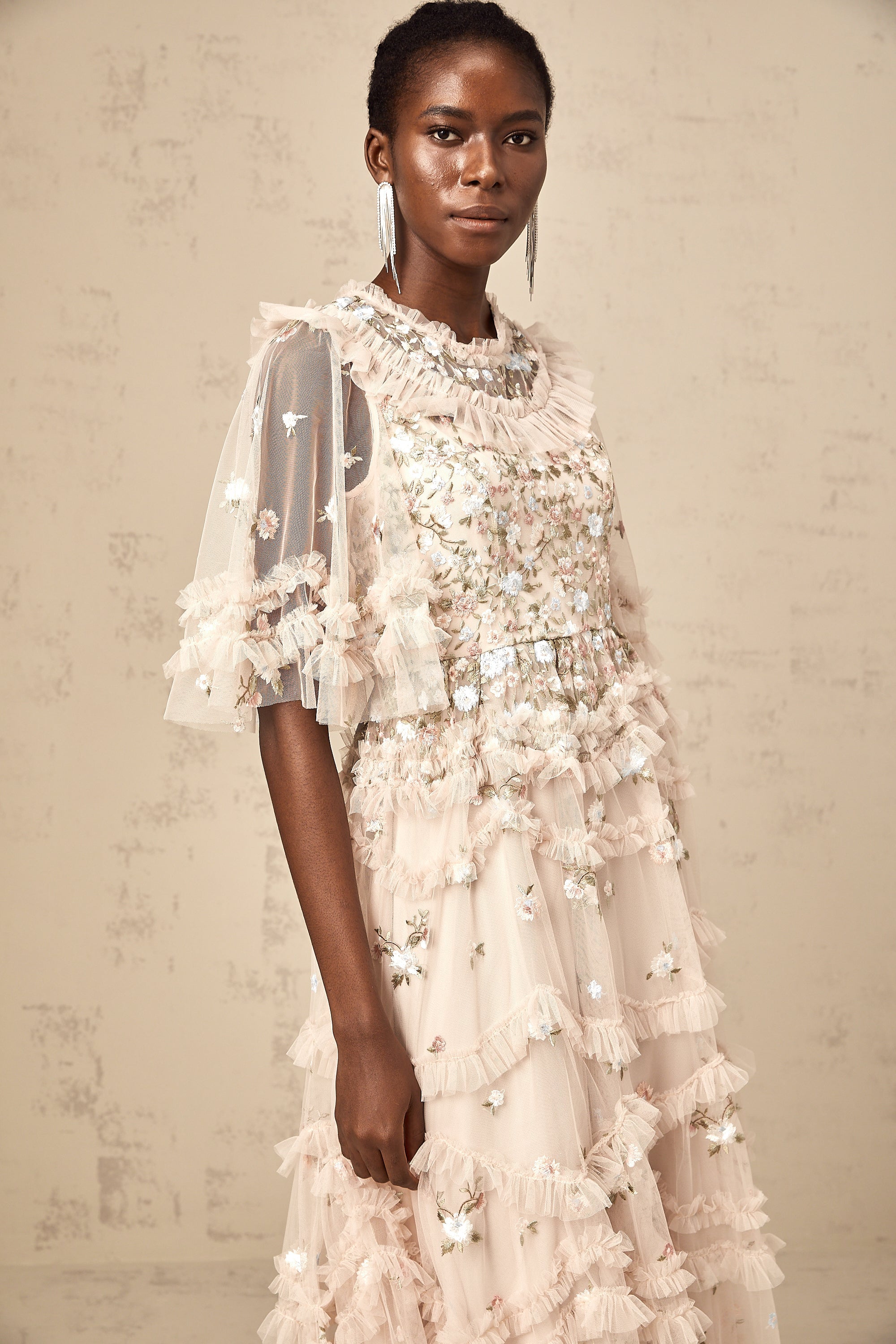 Kévina floral-embroidered tiered ruffled midi dress