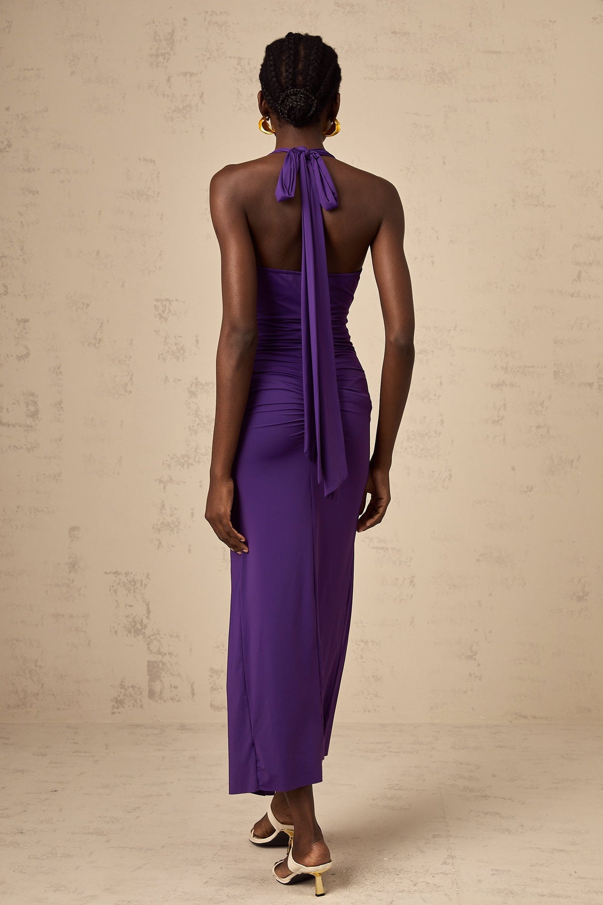 Renata purple halterneck ruched midi dress