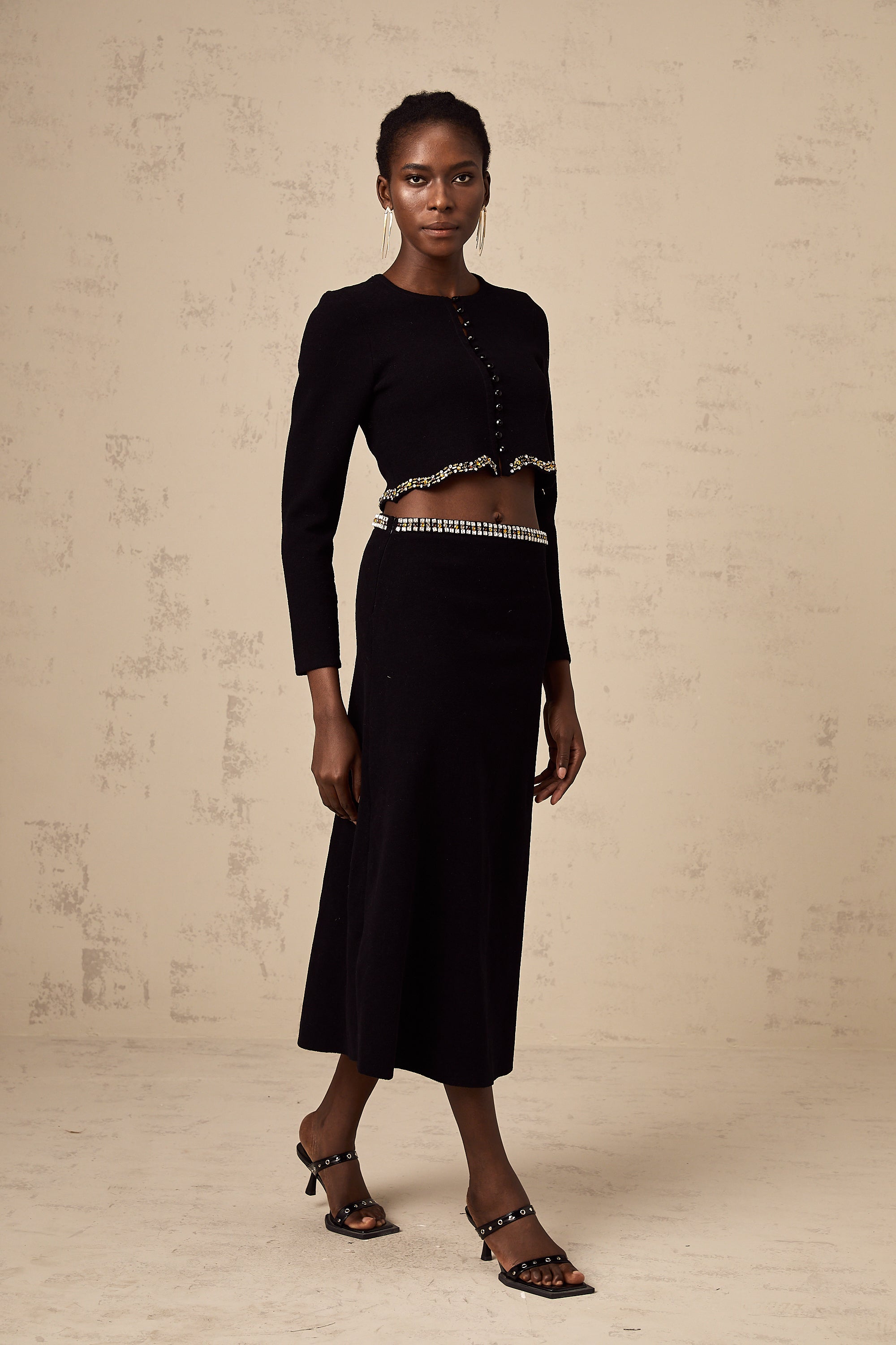 Magali black embellished knitted cardigan & skirt matching set (US Only)