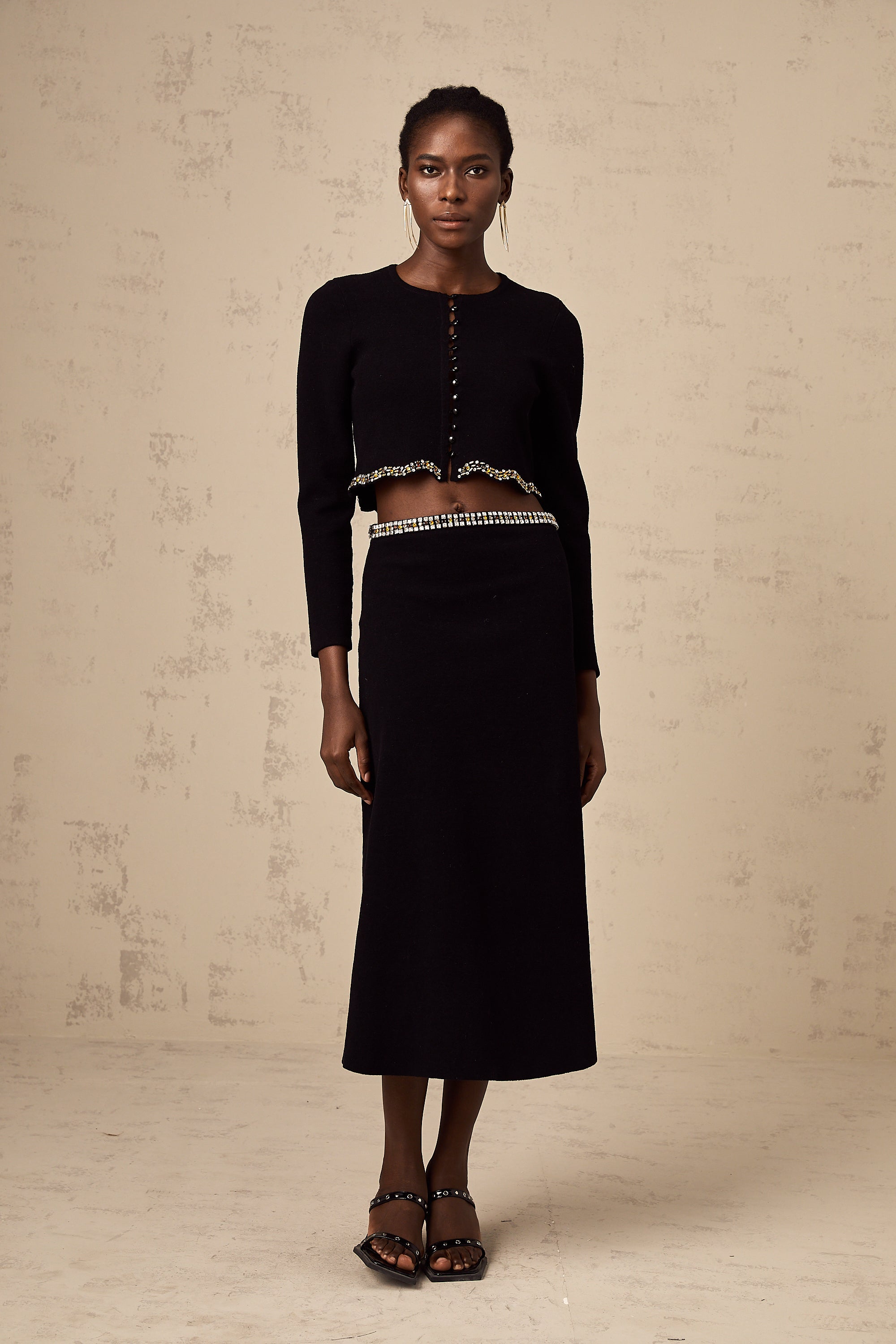 Magali black embellished knitted cardigan & skirt matching set (US Only)