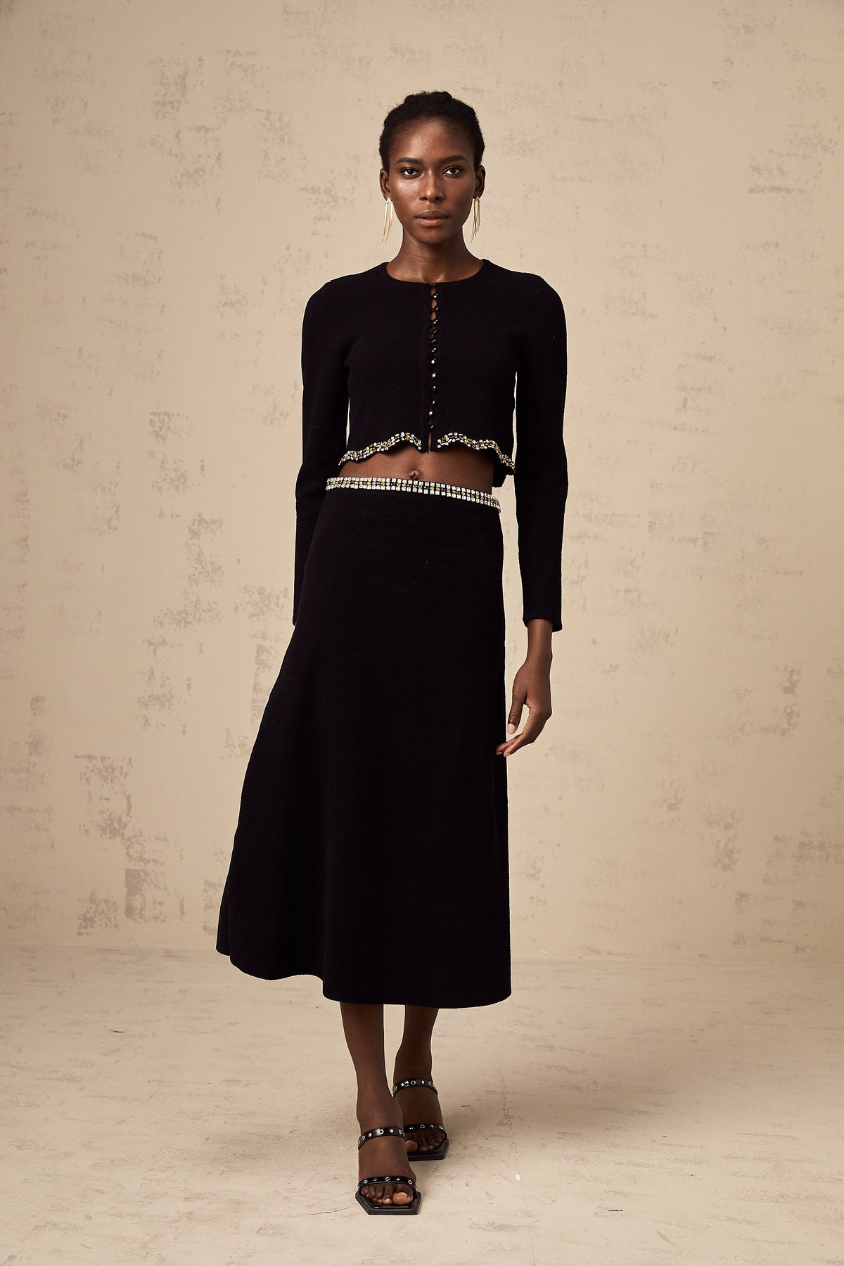 Magali black embellished knitted cardigan & skirt matching set