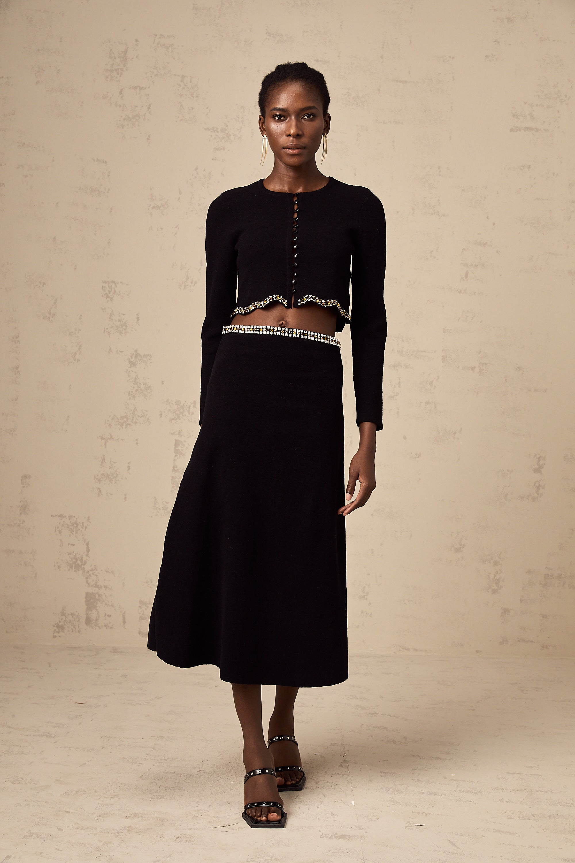 Magali black embellished knitted cardigan & skirt matching set