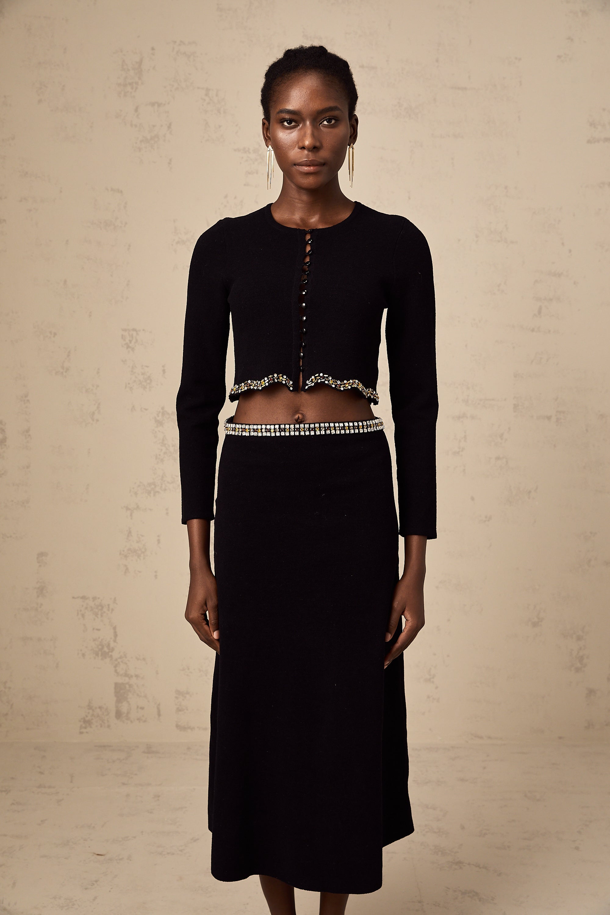 Magali black embellished knitted cardigan & skirt matching set (US Only)
