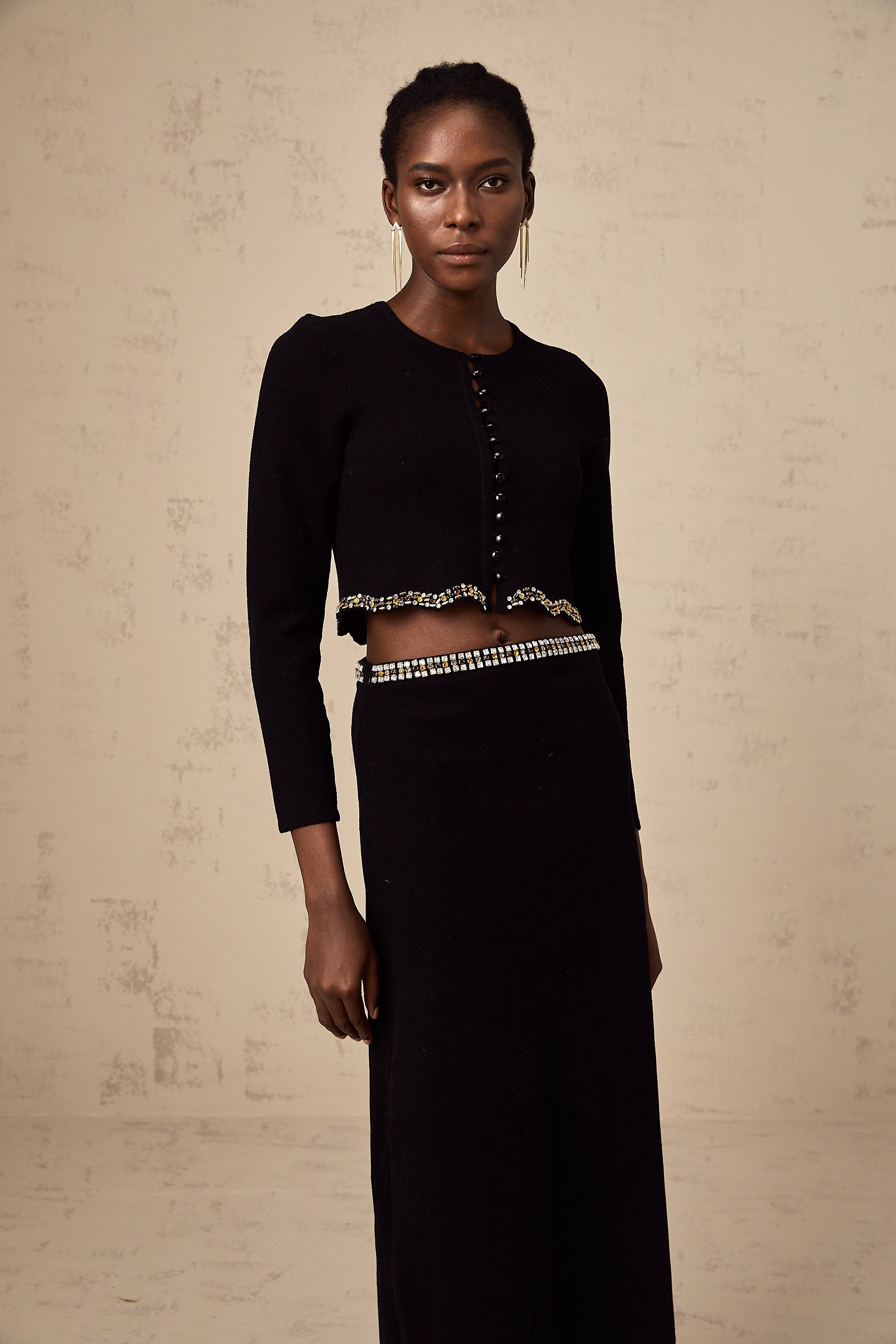 Magali black embellished knitted cardigan & skirt matching set (US Only)