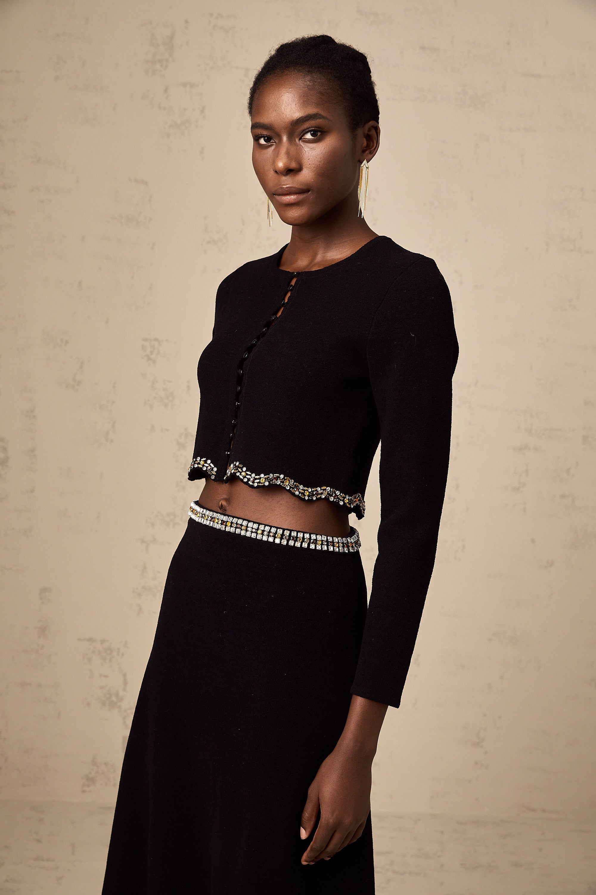 Magali black embellished knitted cardigan & skirt matching set