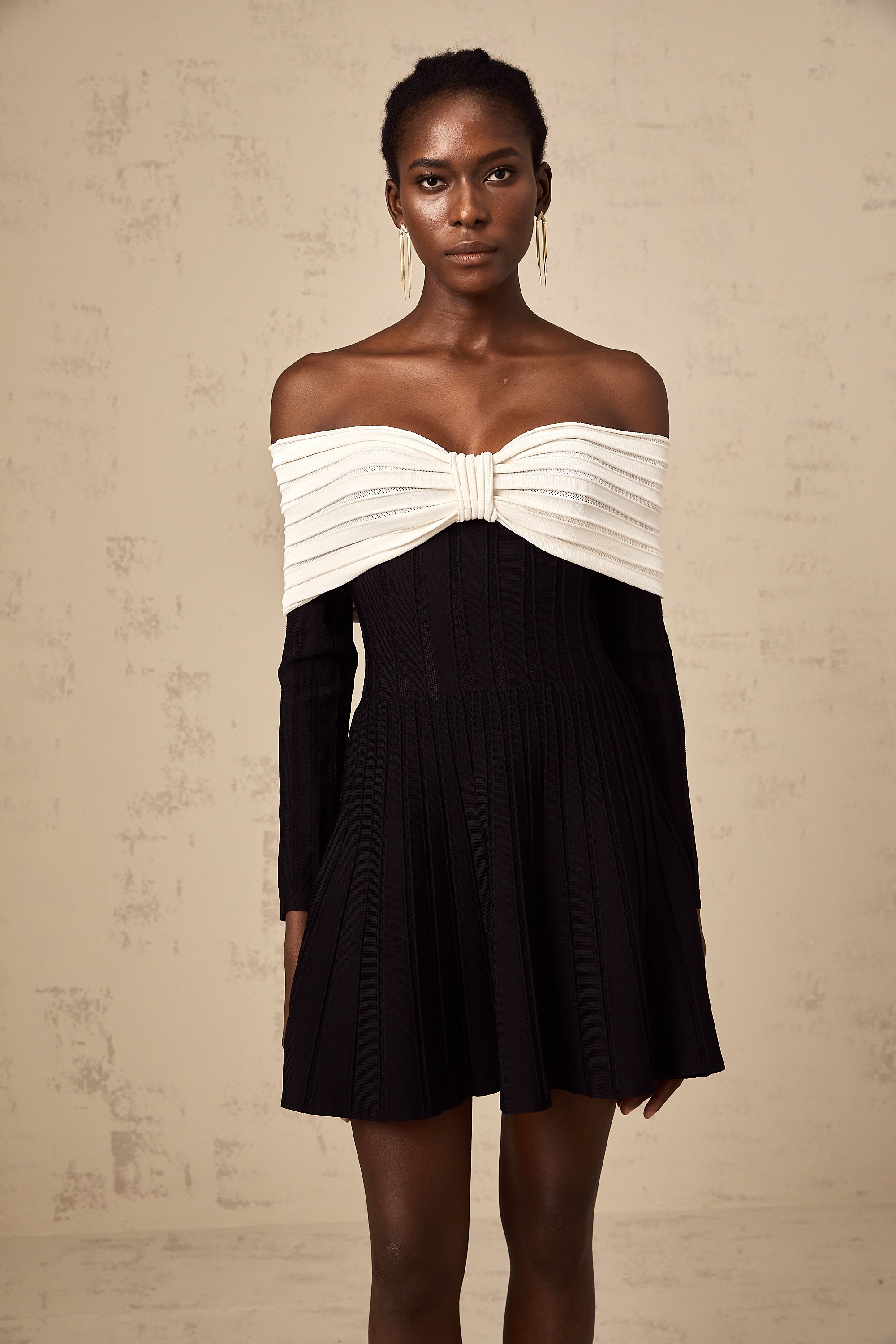 Justine black off-shoulder bow knit mini dress (Final Sale-US Only)