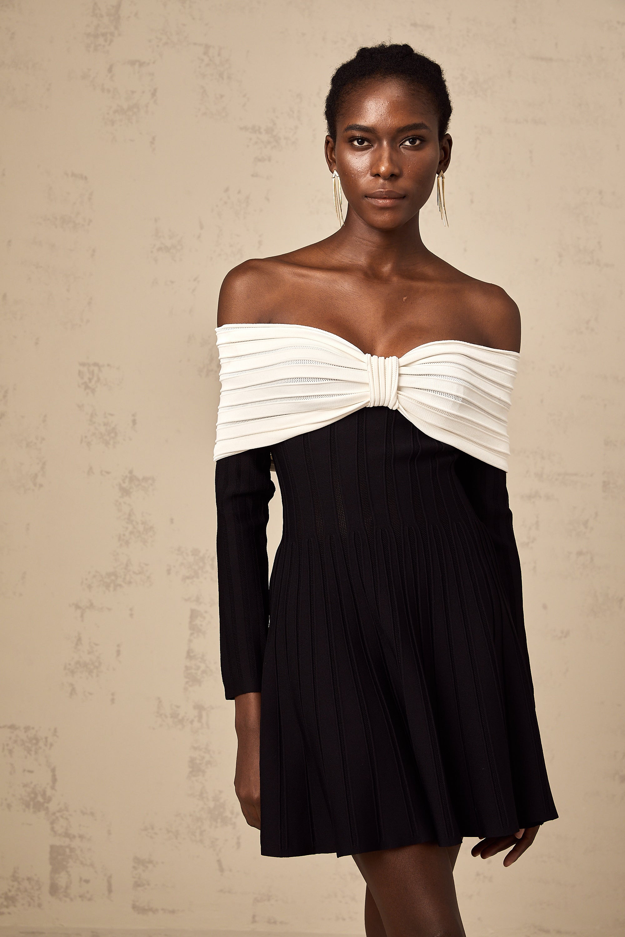 Justine black off-shoulder bow knit mini dress (Final Sale-US Only)