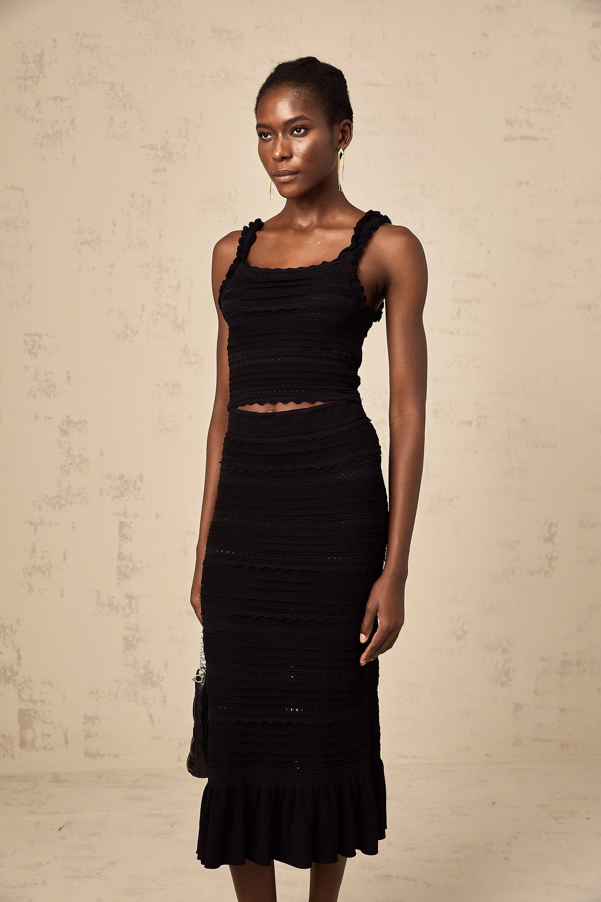 Céleste black knitted ruffled top & skirt matching set