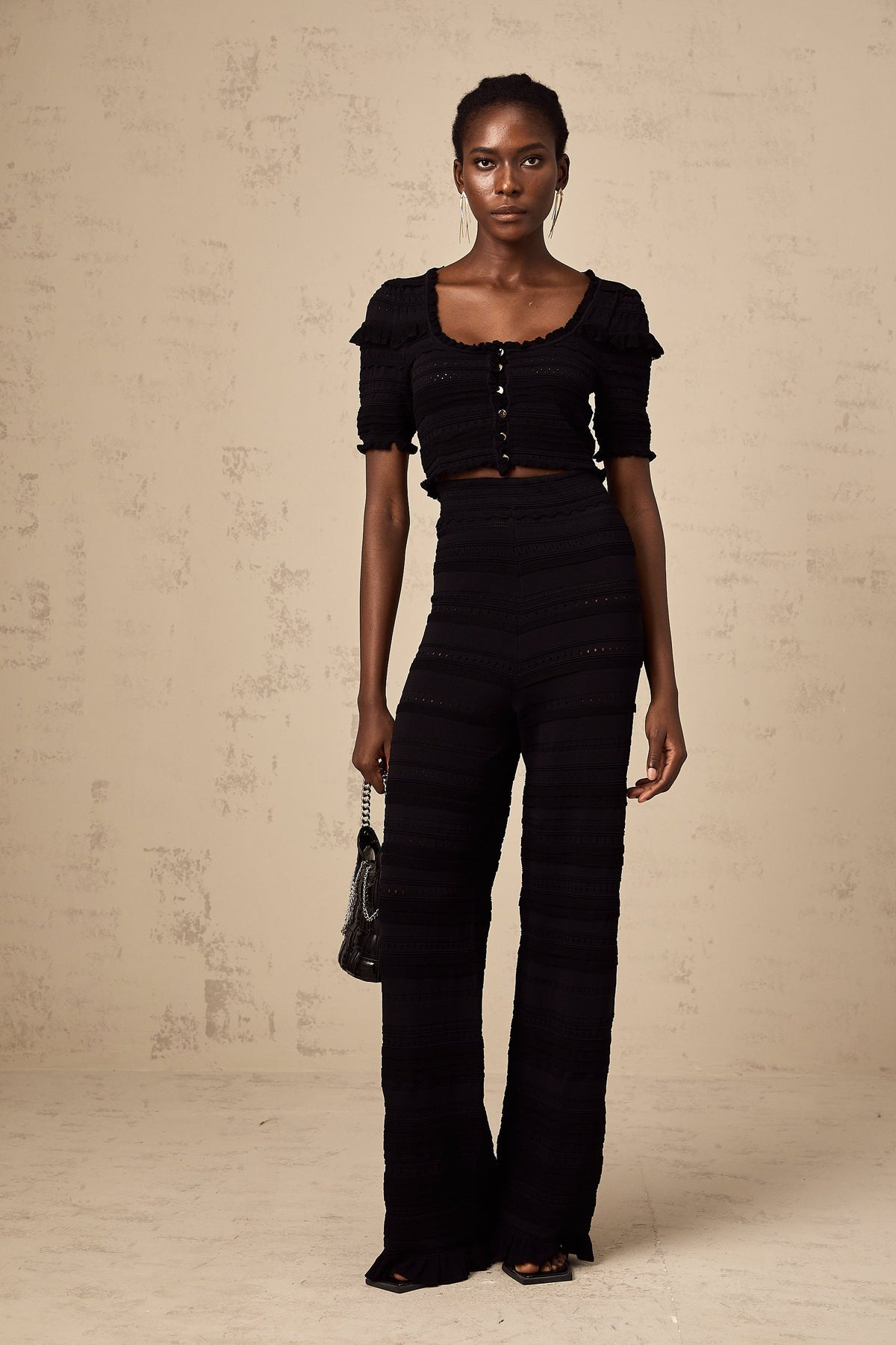 Charlotte black knitted ruffled top & trousers matching set