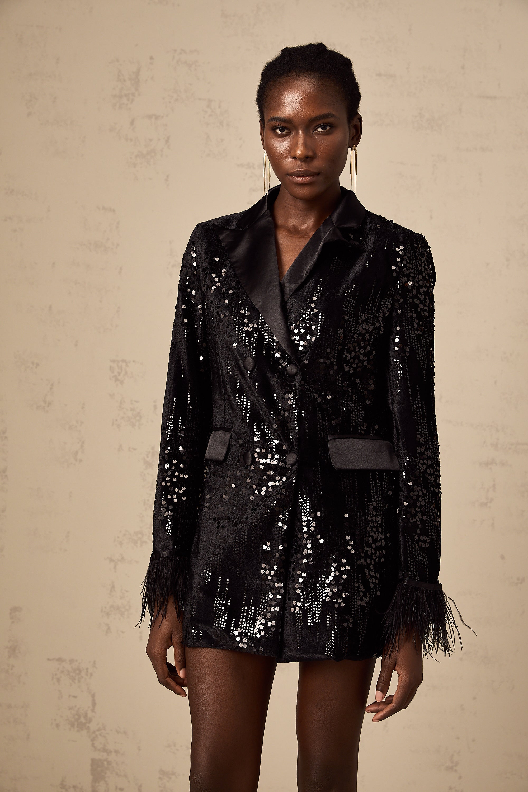 Ariane black feather-trim sequin-embellished blazer