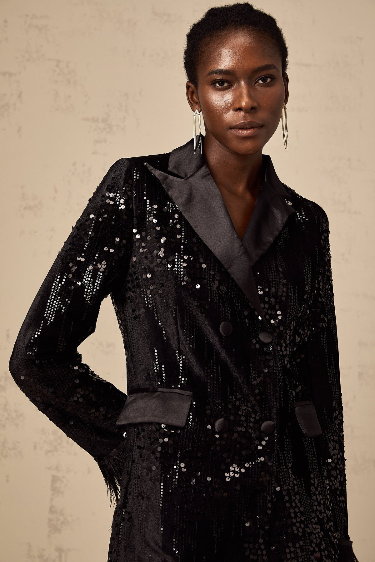 Ariane black feather-trim sequin-embellished blazer