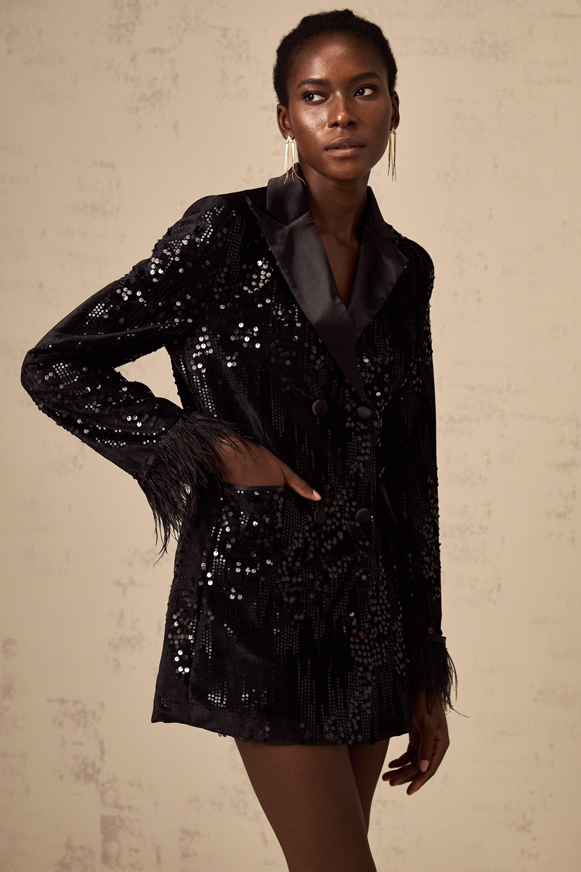 Ariane black feather-trim sequin-embellished blazer