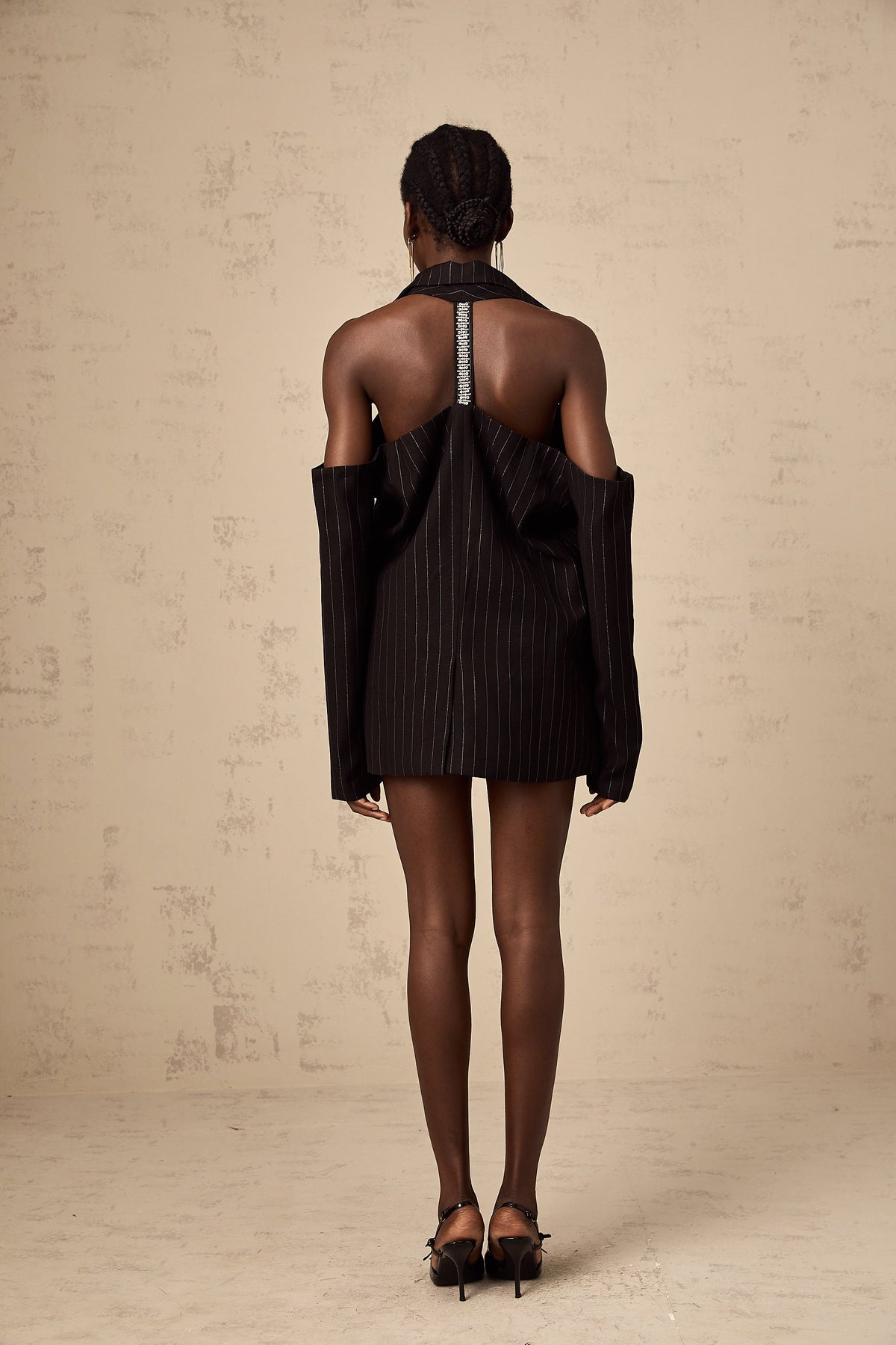 Stefania black striped open-back blazer mini dress - Black
