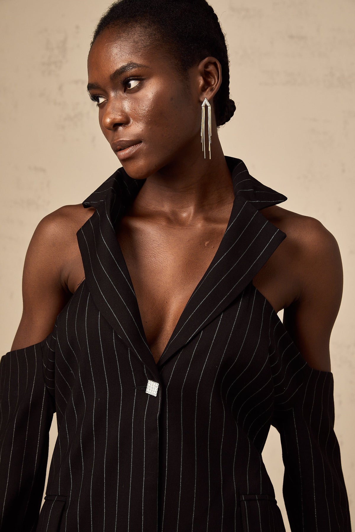 Stefania black striped open-back blazer mini dress - Black