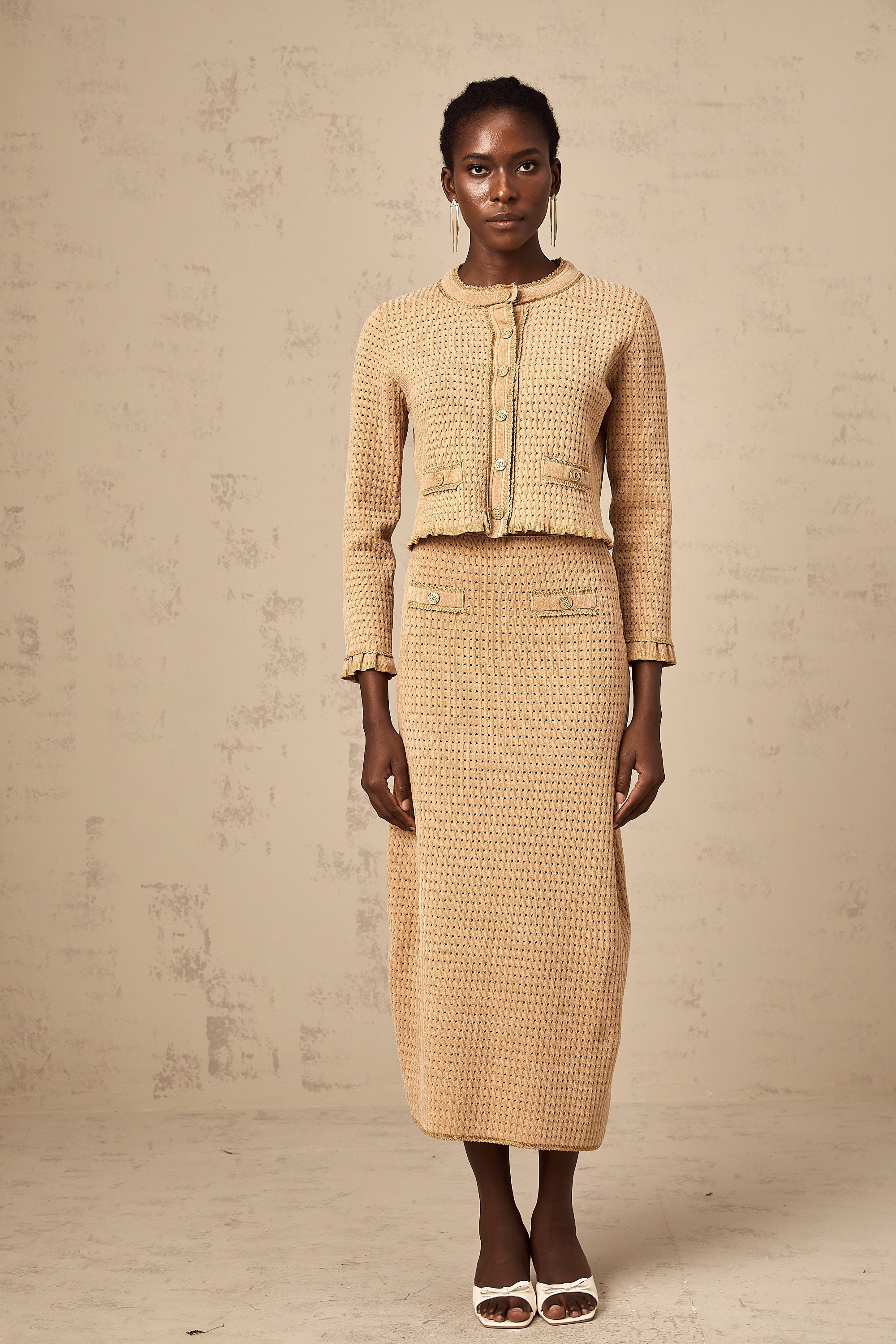 Léna khaki knitted cardigan & skirt matching set (US Only)