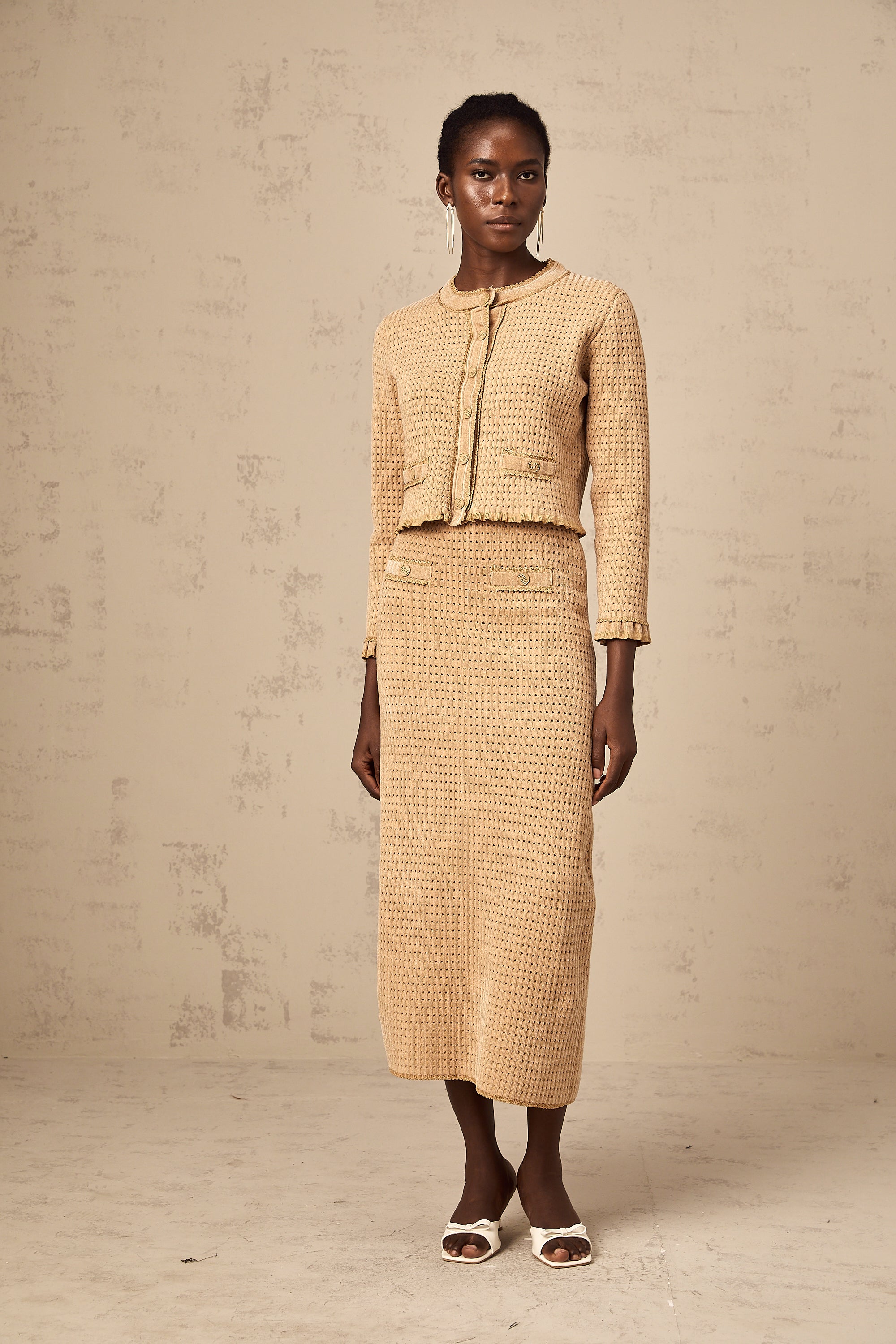 Léna khaki knitted cardigan & skirt matching set (US Only)
